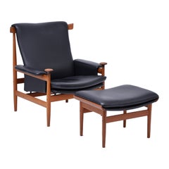 Black Finn Juhl Easy Chair Model Bwana with Foot Stool Produced by France & Son