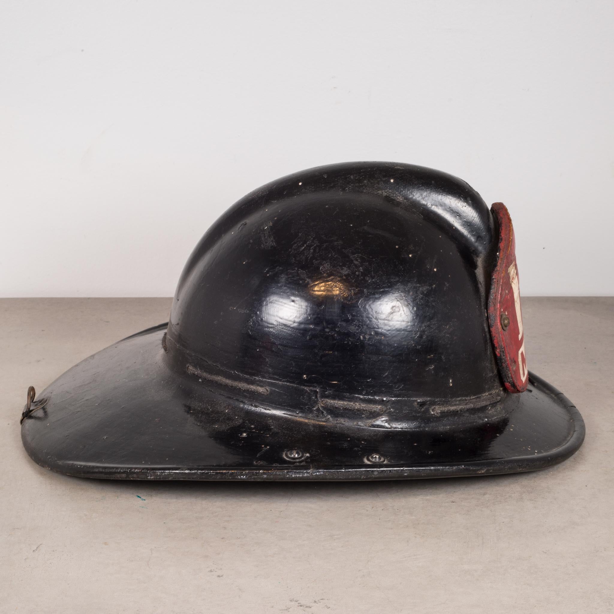 Industrial Black Fireman's Helmet with Leather Shield, circa 1940-1950