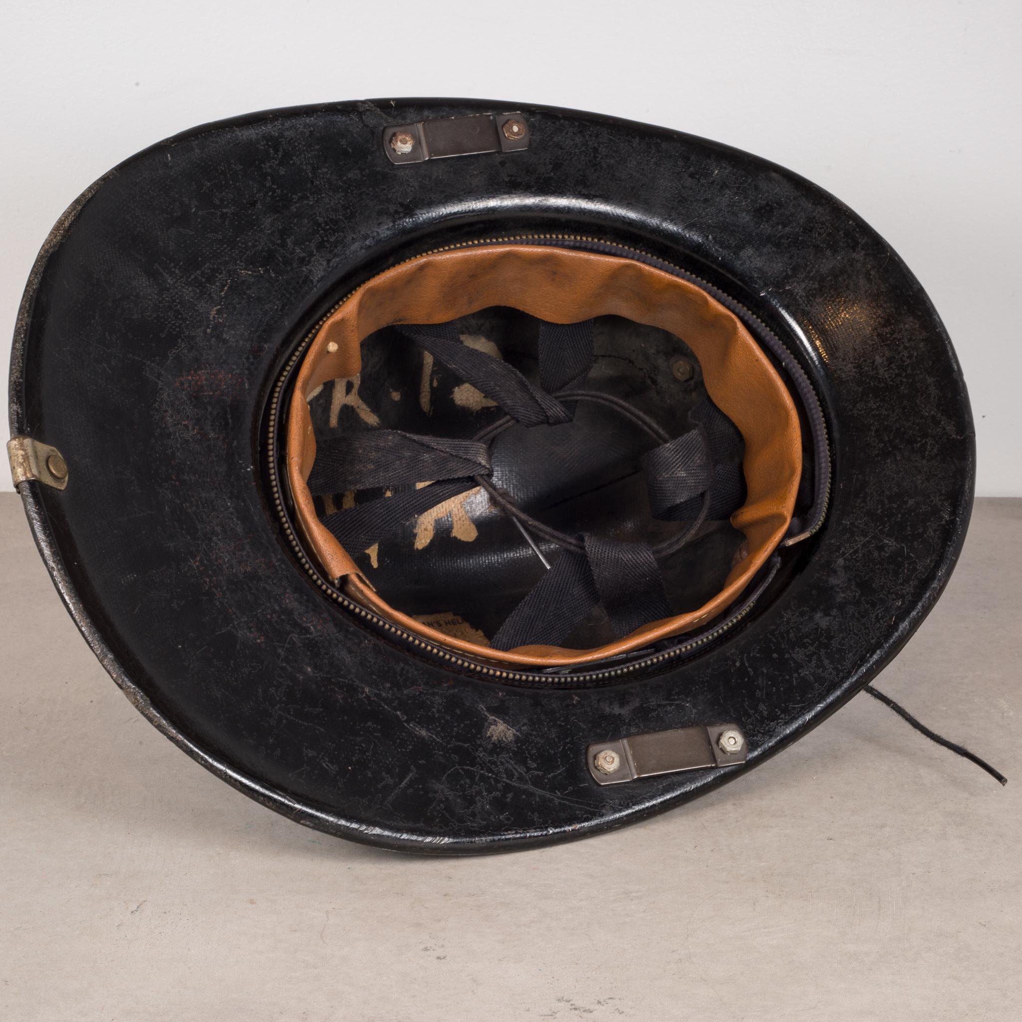 Black Fireman's Helmet with Leather Shield, circa 1940-1950 In Good Condition In San Francisco, CA