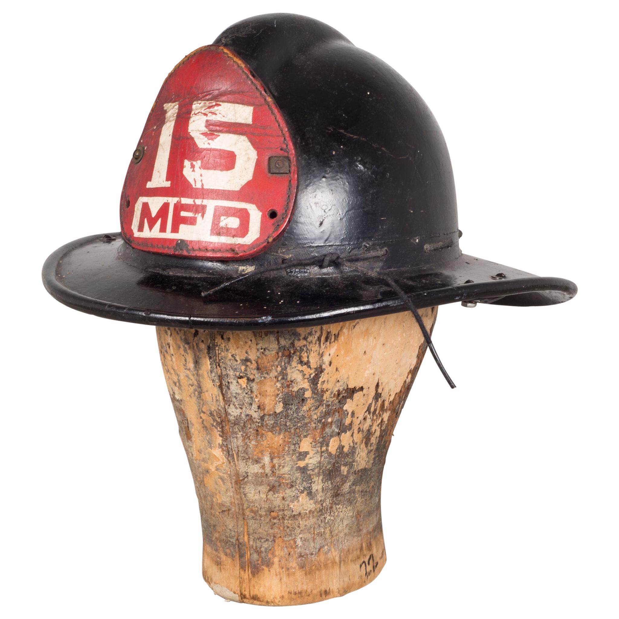 Black Fireman's Helmet with Leather Shield, circa 1940-1950