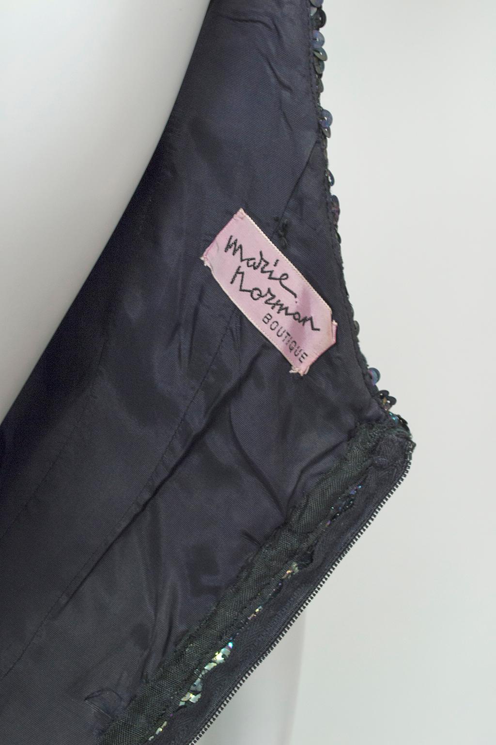 Schwarzes Fischschuppen-Pailletten-Scheidenkleid mit drapiertem, gerüschtem Humpelrock - XS, 1960s im Angebot 13
