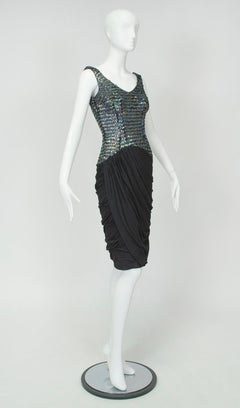Black Fish Scale Sequin Sheath Dress with Draped Ruched Hobble Skirt – XS, 1960s