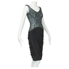 Retro Black Fish Scale Sequin Sheath Dress with Draped Ruched Hobble Skirt – XS, 1960s
