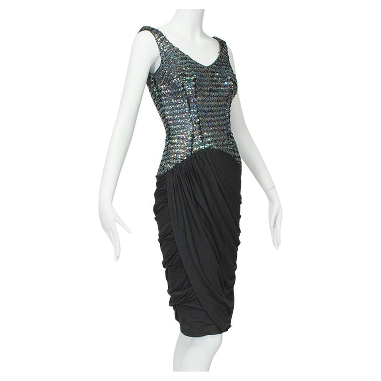 Black Fish Scale Sequin Sheath Dress with Draped Ruched Hobble Skirt ...