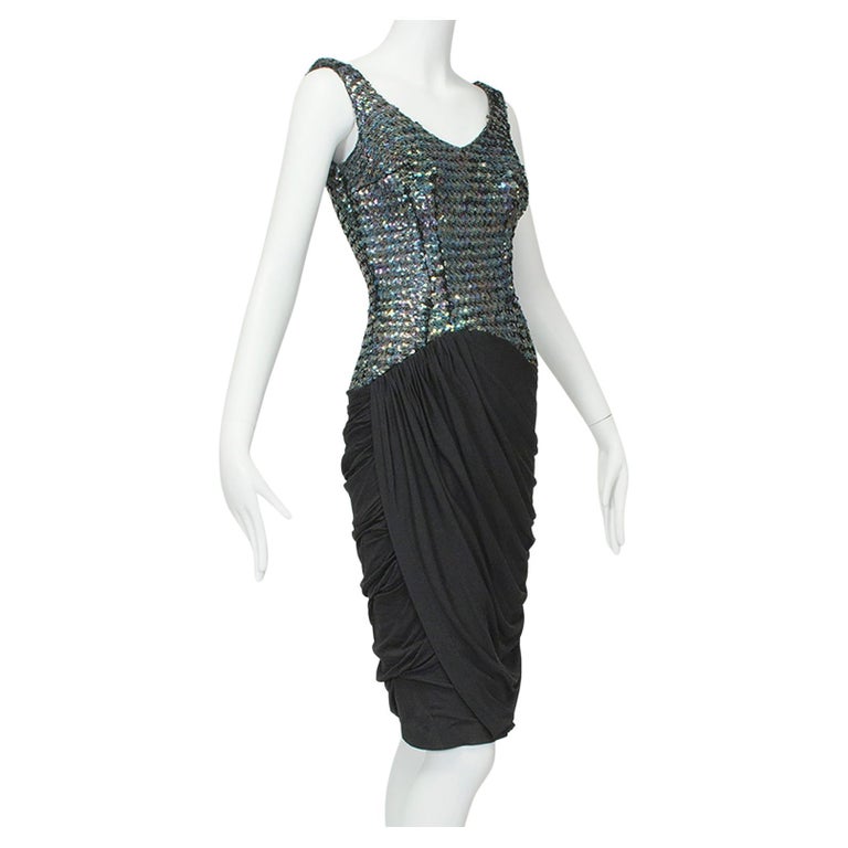 Black Fish Scale Sequin Sheath Dress with Draped Ruched Hobble Skirt  XS,  1960s For Sale at 1stDibs | black hobble dress, modern hobble skirt, fish  scale skirt