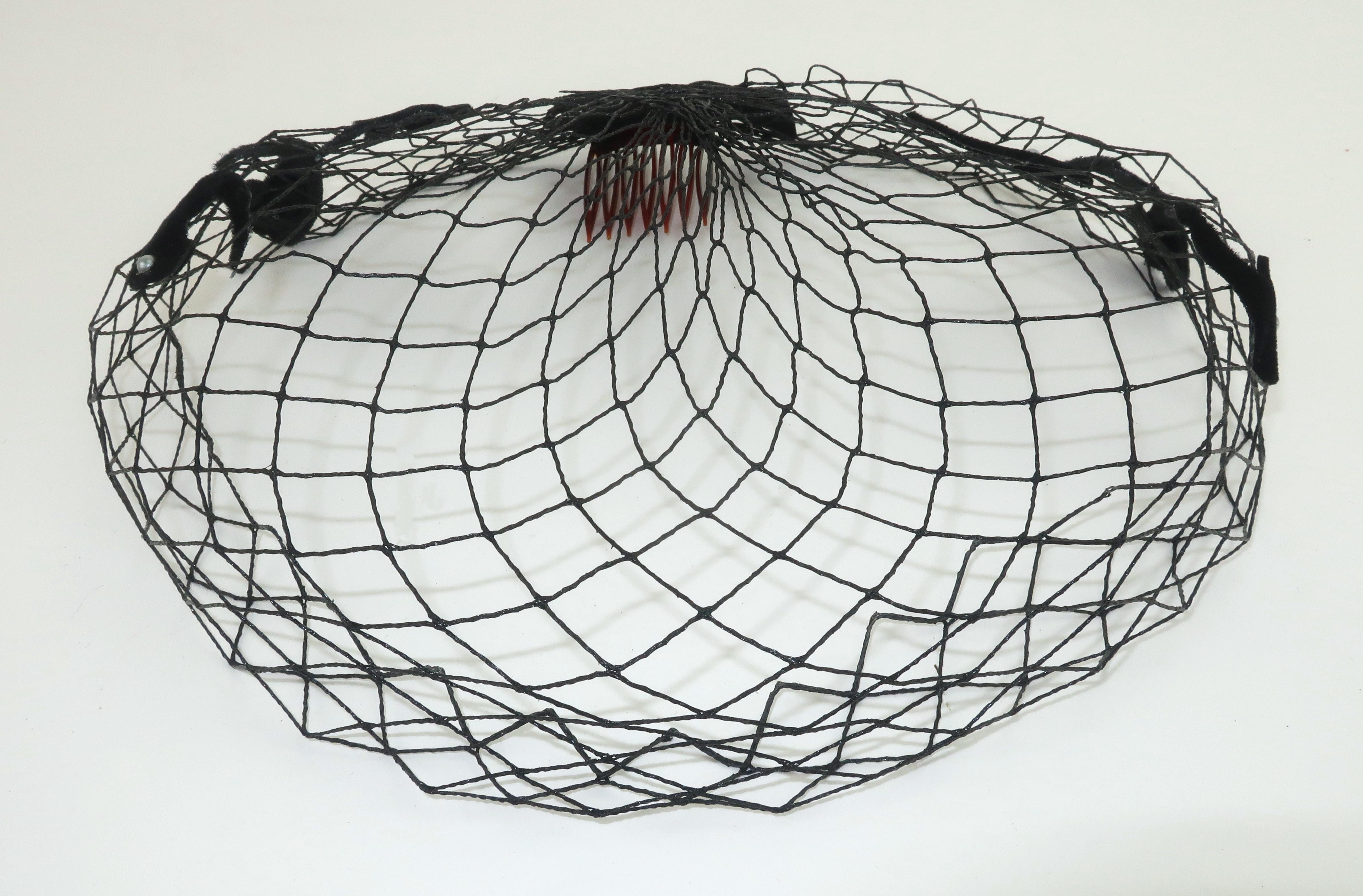 Women's Black Fishnet Fascinator Veil, 1950's For Sale
