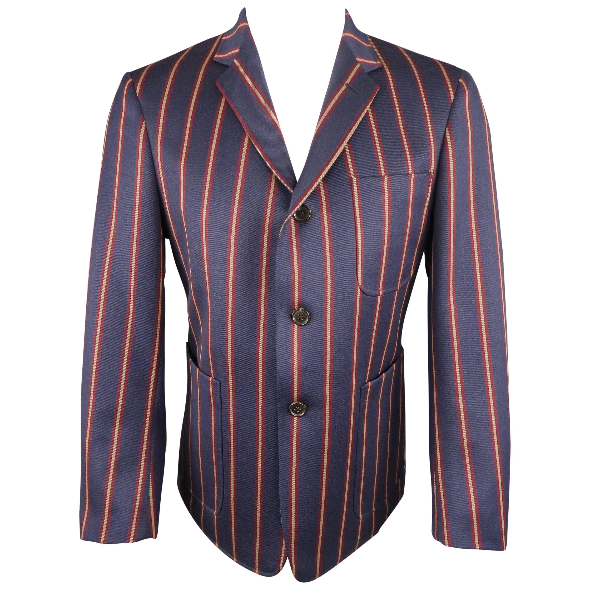 BLACK FLEECE 40 Navy Gold & Burgundy Stripe Wool Sport Coat