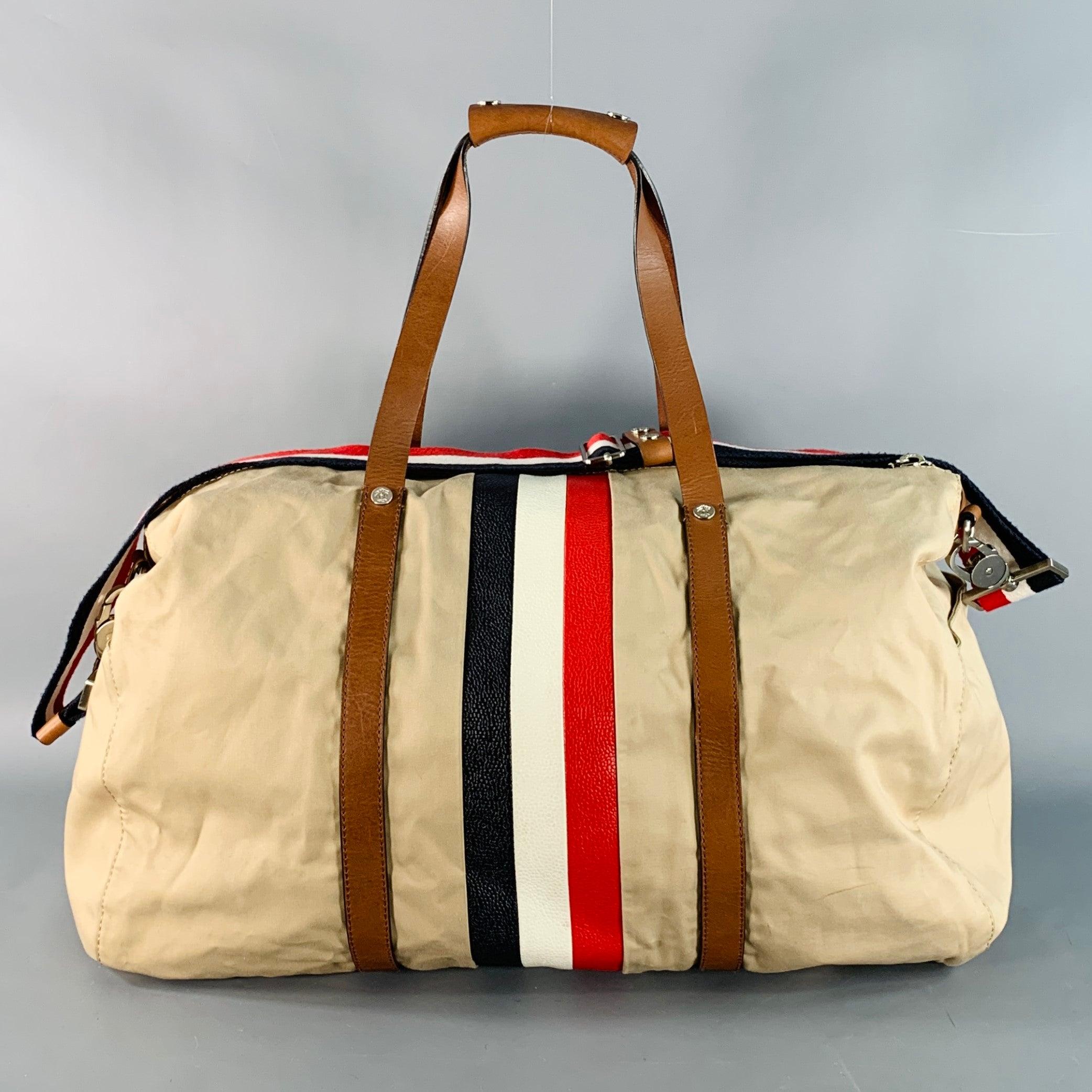Uomo BLACK FLEECE Beige Multi Color Stripe Canvas Leather Duffle Bag in vendita