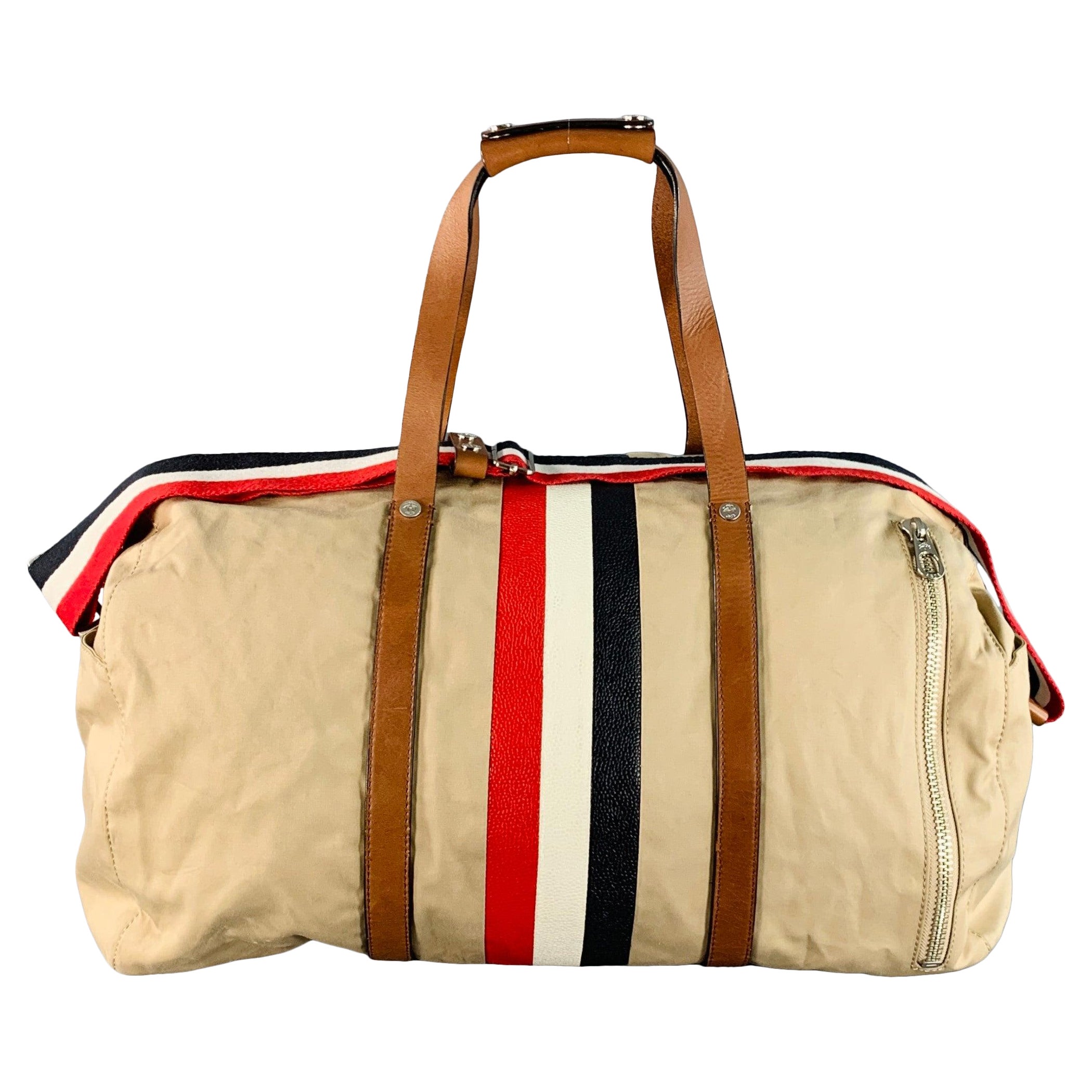 BLACK FLEECE Beige Multi Color Stripe Canvas Leather Duffle Bag in vendita