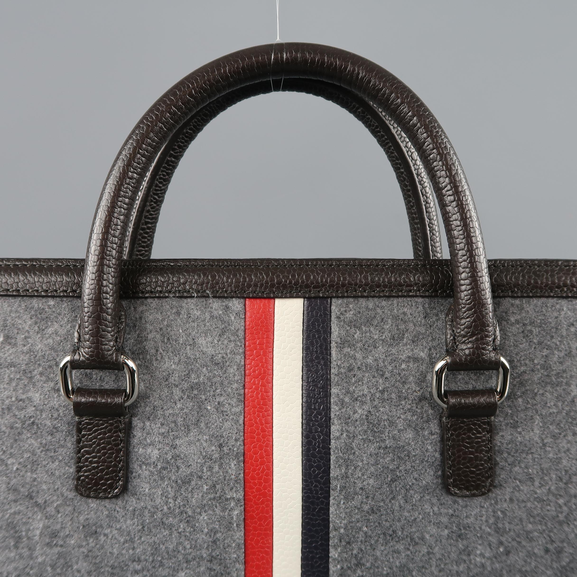 BLACK FLEECE Heather Gray Felt & Brown Leather Stripe Briefcase In Excellent Condition In San Francisco, CA