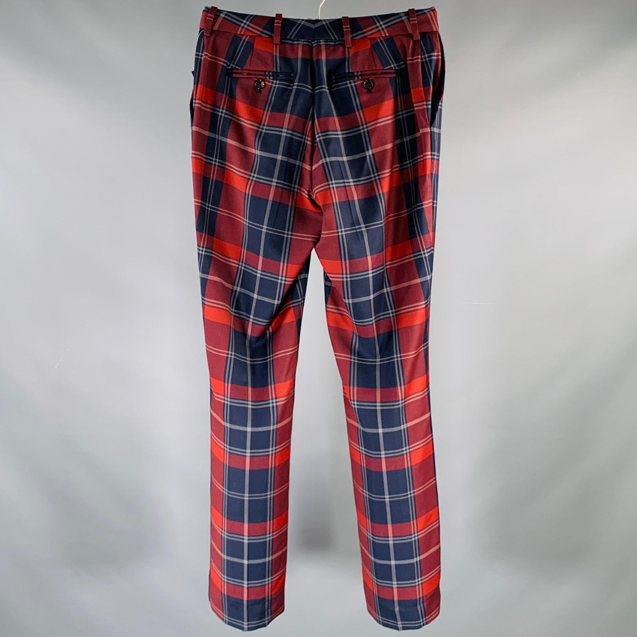 BLACK FLEECE by THOM BROWNE dress pants
in a burgundy and navy wool fabric featuring a plaid pattern, flat front style, and zip fly closure. Made in Italy.New With Tags. 

Marked:   L 

Measurements: 
  Waist: 28 inches Rise: 8.5 inches Inseam: 30
