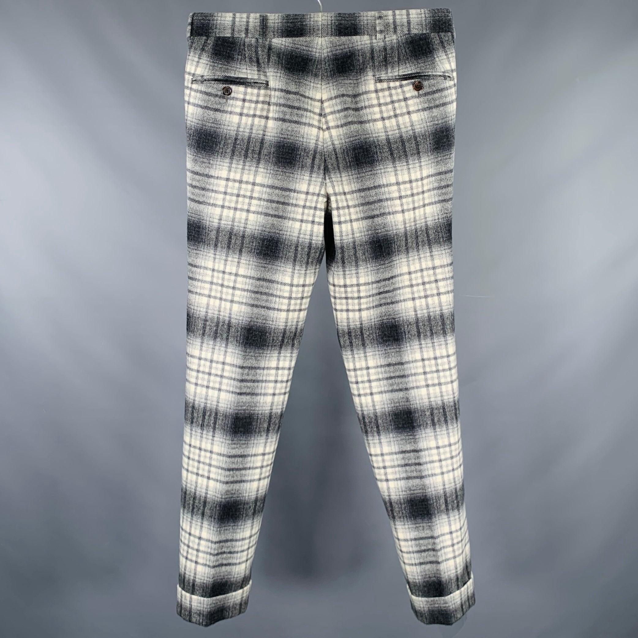 Gray BLACK FLEECE Size 32 Grey White Plaid Wool Button Fly Dress Pants