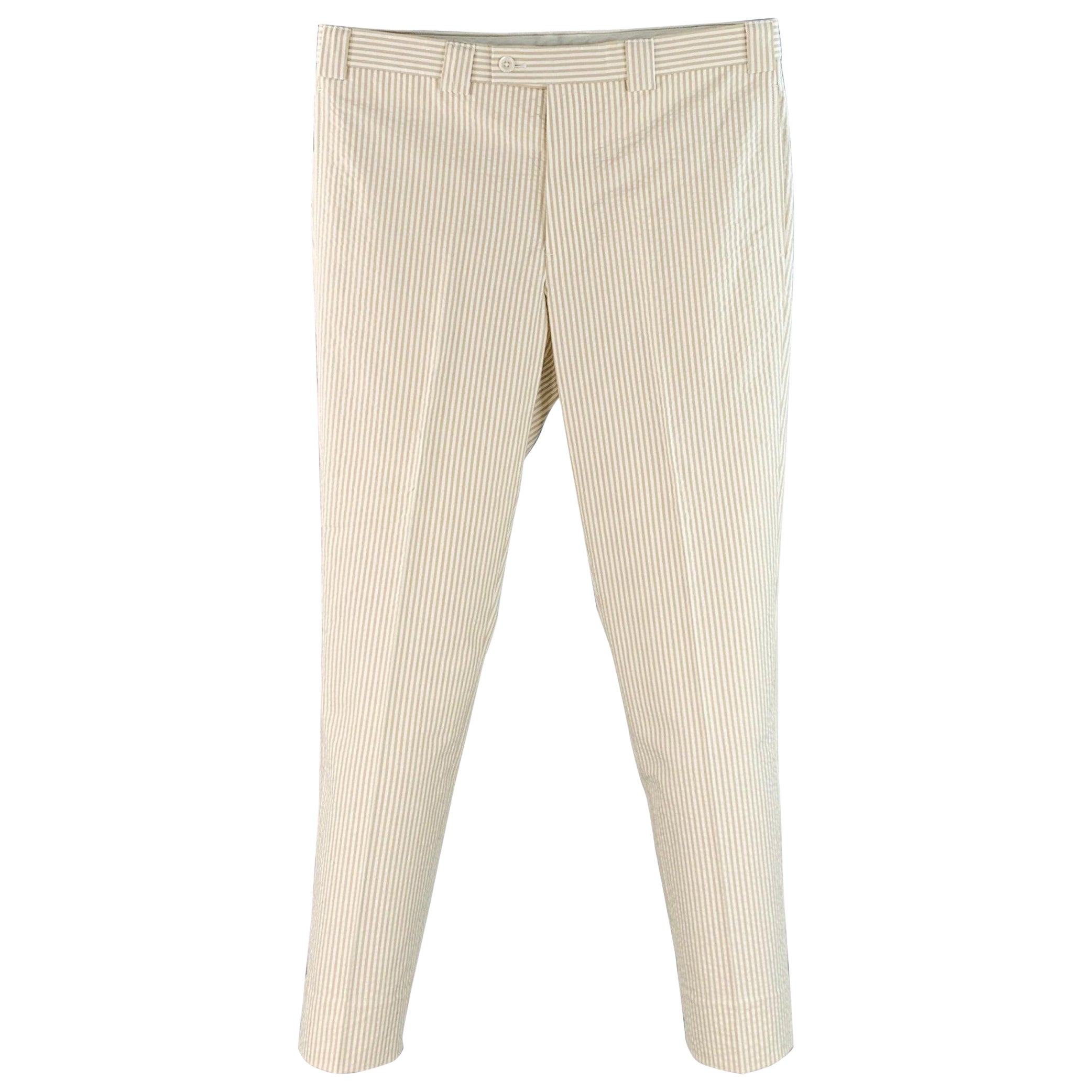 BLACK FLEECE Größe 35 Beige Weiß Gestreift Baumwolle Seersucker Button Fly Freizeithose im Angebot