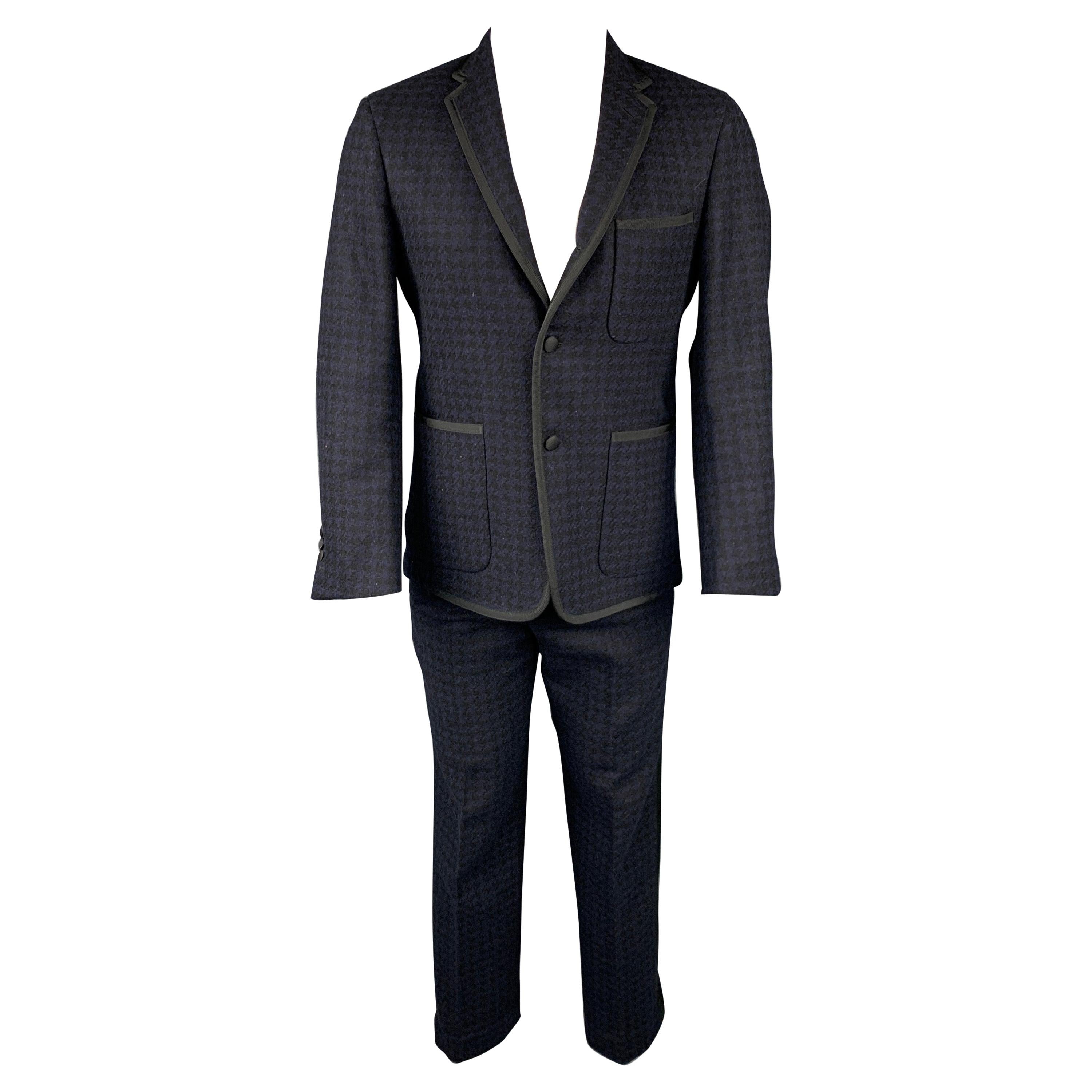 BLACK FLEECE Size 38 Black & Navy Houndstooth Wool Tuxedo Suit