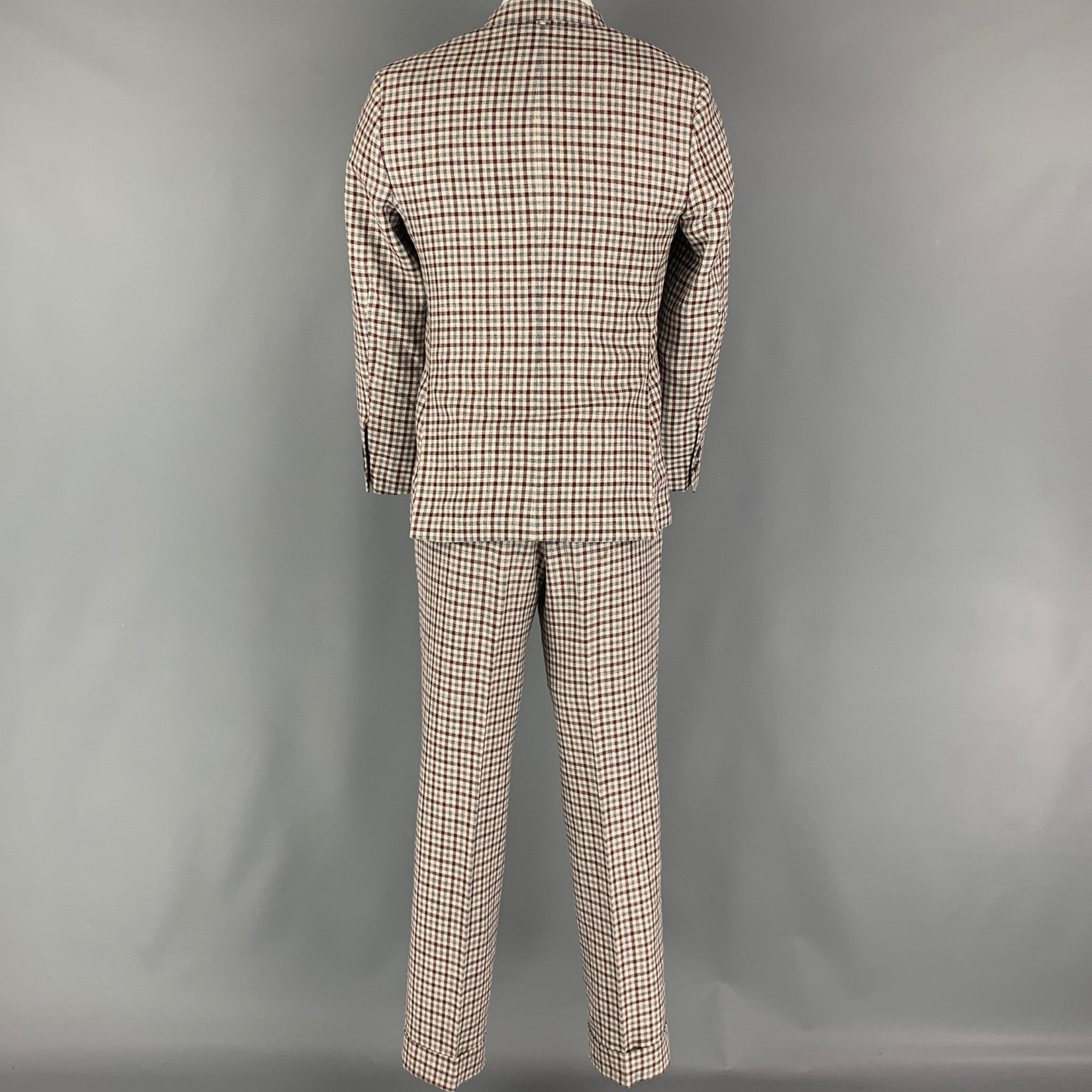 BLACK FLEECE Size 38 Burgundy Grey Cream Checkered Wool Blend 31  Suit In Good Condition For Sale In San Francisco, CA