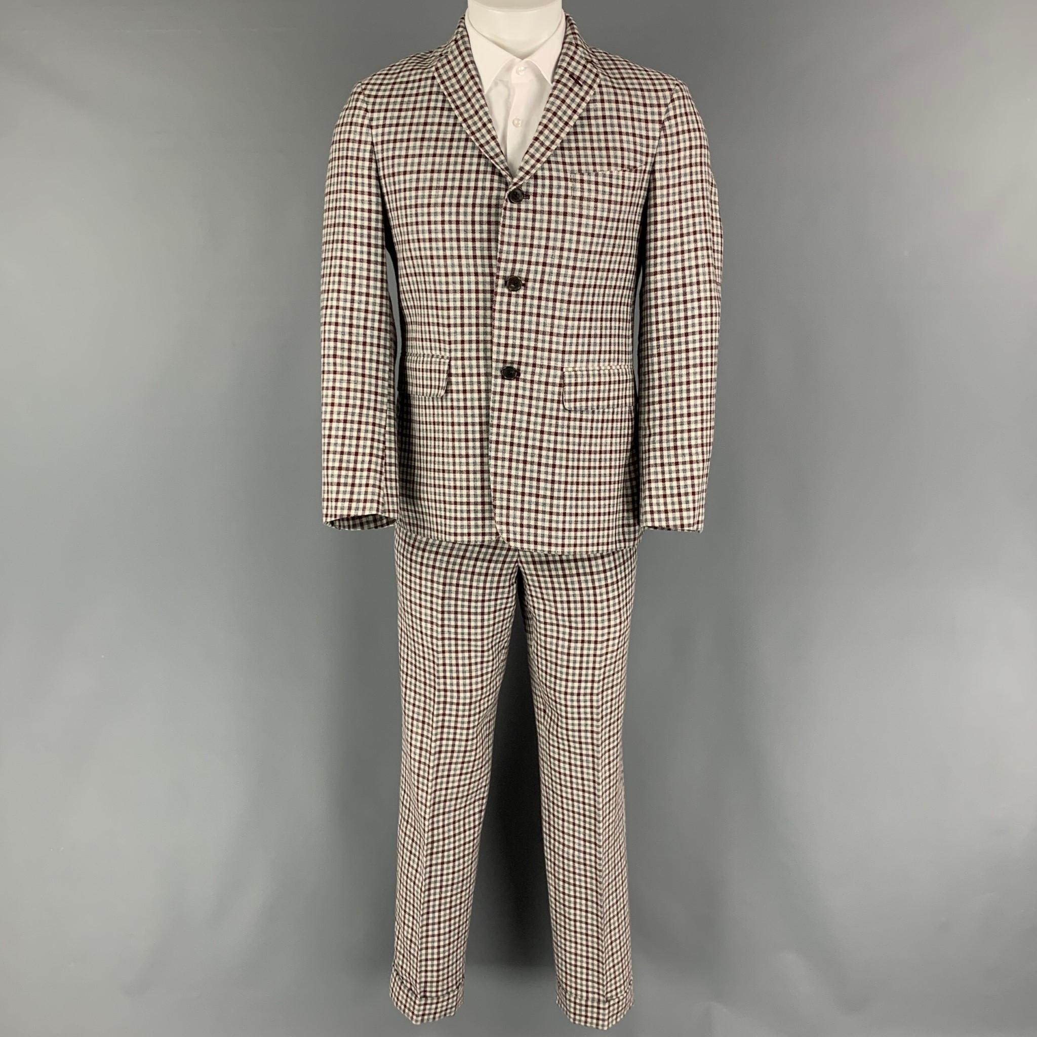 White BLACK FLEECE Size 38 Burgundy Grey Cream Checkered Wool Blend 31 Suit