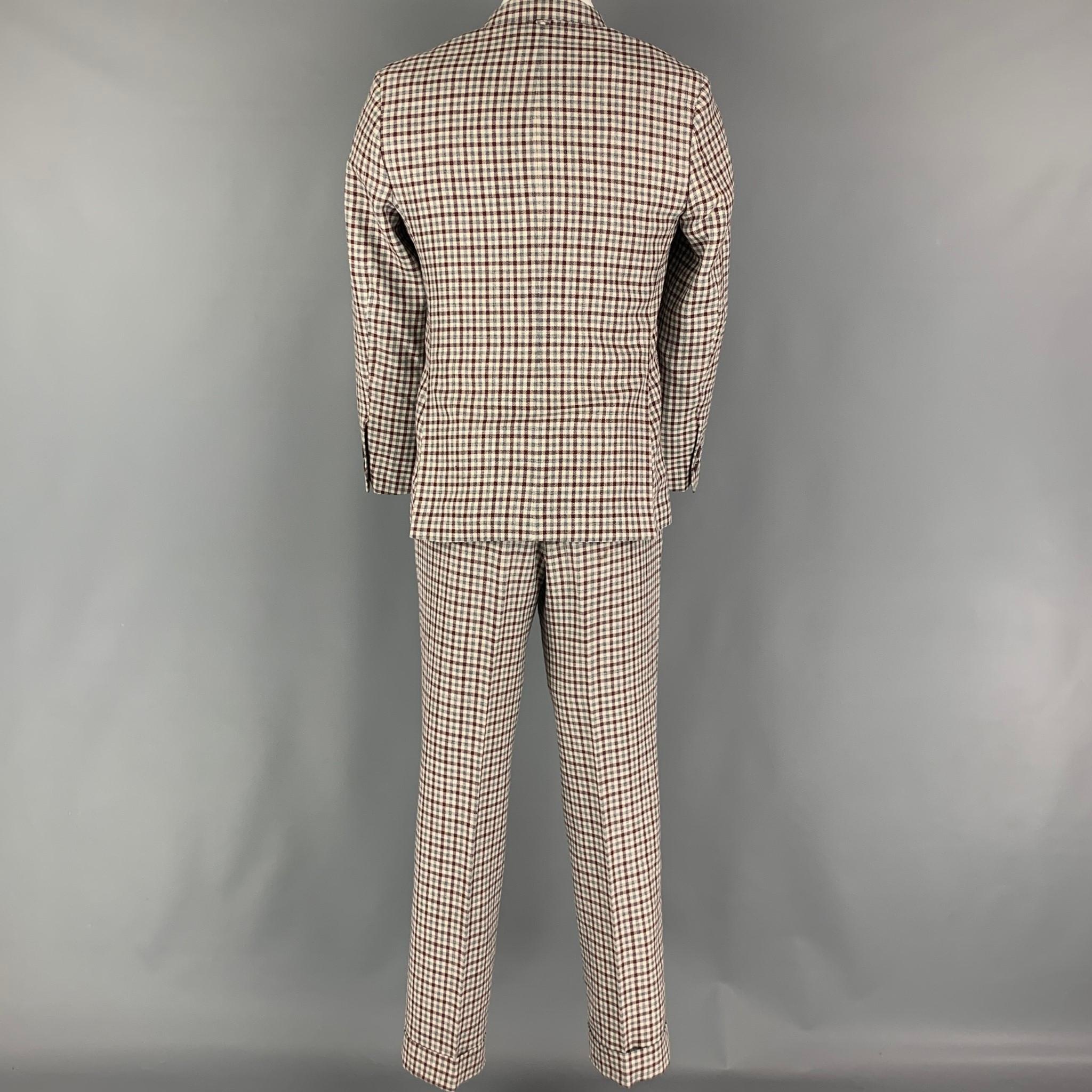 BLACK FLEECE Size 38 Burgundy Grey Cream Checkered Wool Blend 31 Suit In Good Condition In San Francisco, CA