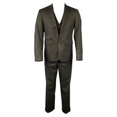 Costume 3 pièces en laine à revers en grille anthracite avec revers en laine noire, taille 38