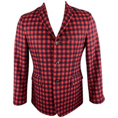 BLACK FLEECE Size 38 Red & Navy Checkered Plaid Tweed Sport Coat