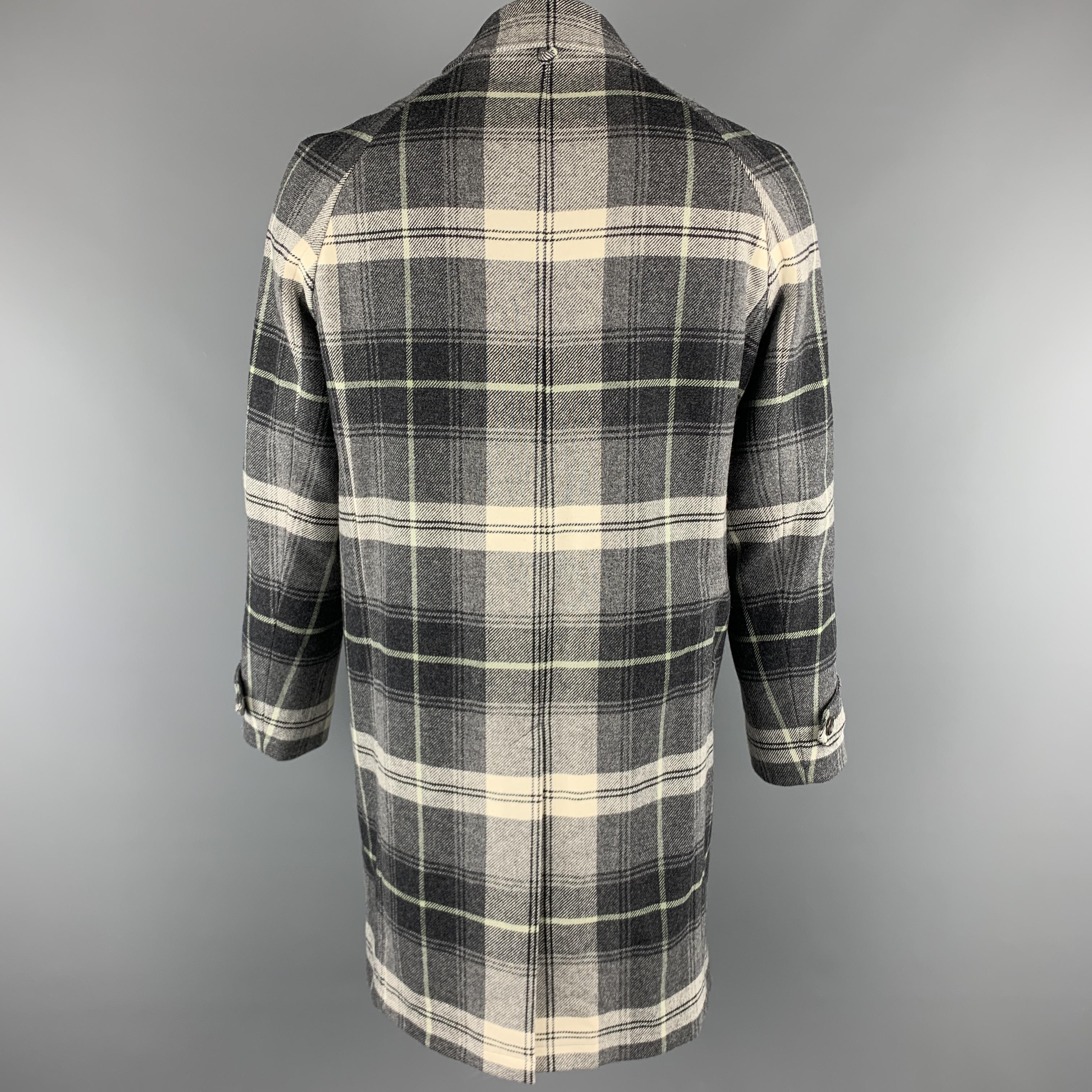 Men's BLACK FLEECE Size M Gray & White Plaid Wool Buttoned Coat