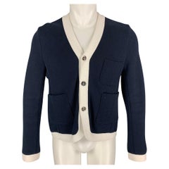 BLACK FLEECE Size M Navy & White Cotton V-Neck Cardigan