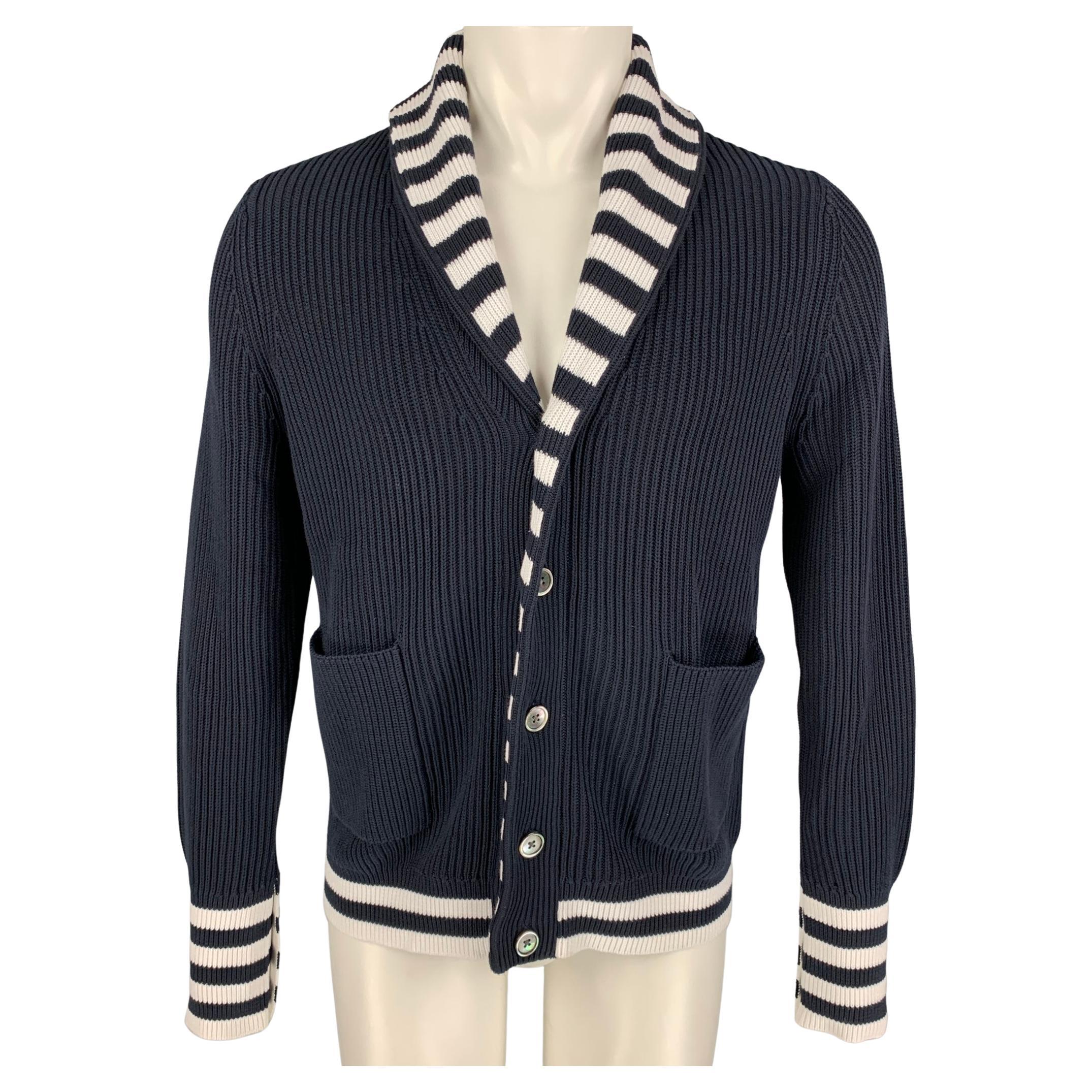 BLACK FLEECE Size M Navy White Knit Shawl Collar Cardigan