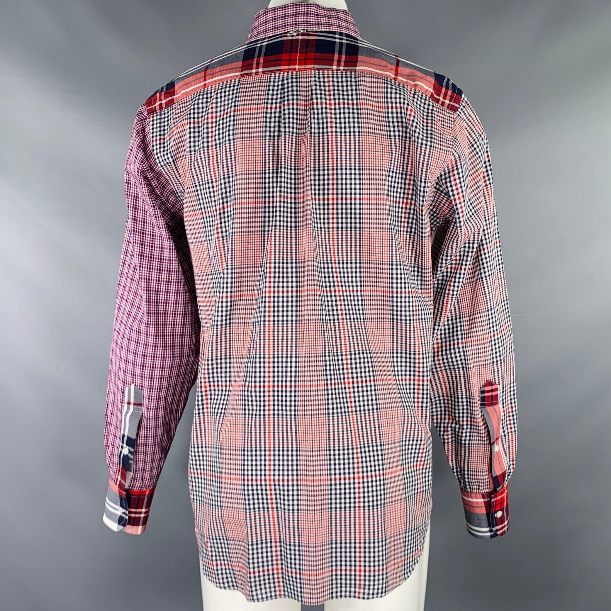 Brown BLACK FLEECE Size M Red White Blue Plaid Cotton Button Down Long Sleeve Shirt For Sale