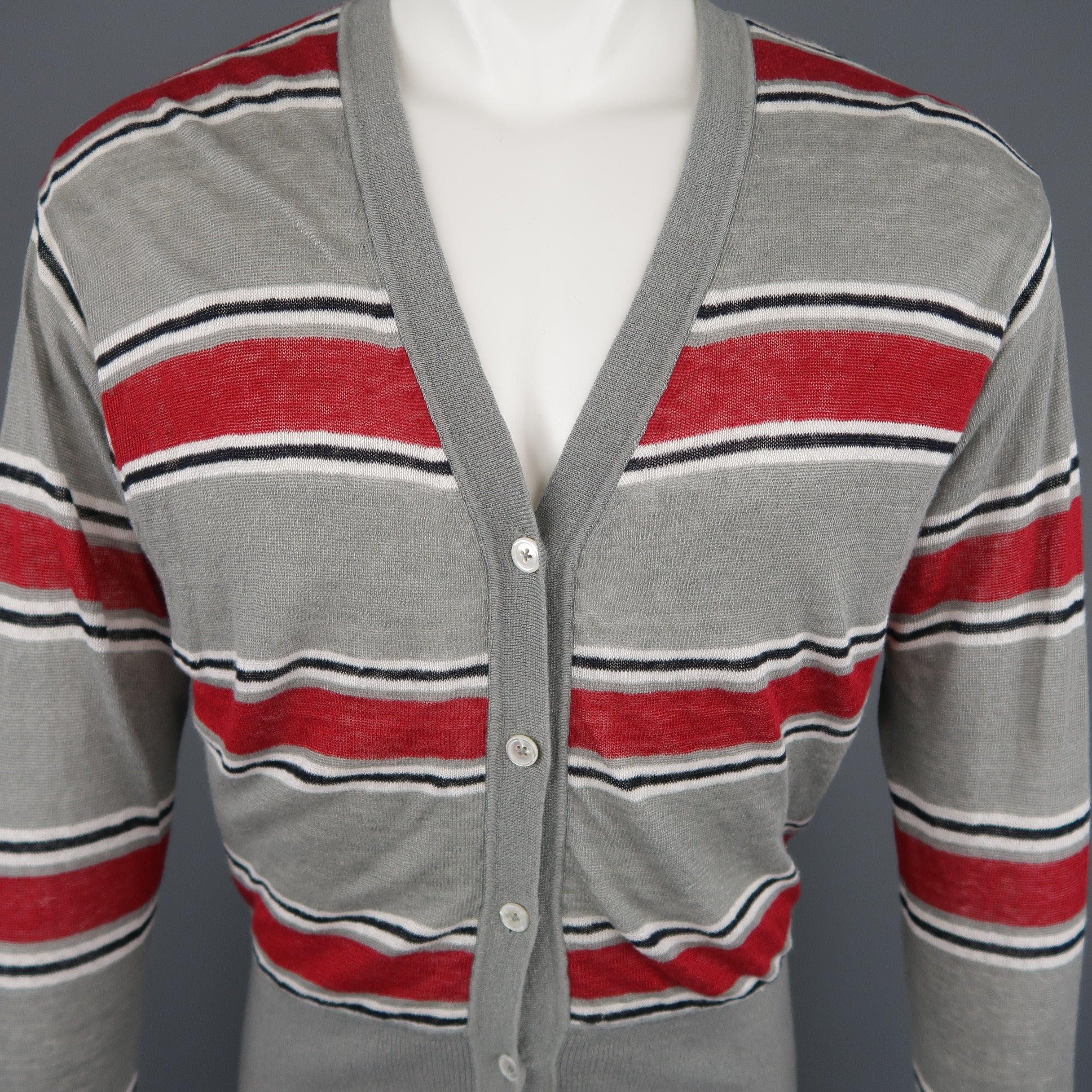 BLACK FLEECE cardigan comes in red and gray striped knit with a deep v neck button up front and white mesh overlay reverse side.
Excellent Pre-Owned Condition. 

Marked:   (no size) 

Measurements: 
 
Shoulder: 21 inches Chest: 48 inches Sleeve: 27