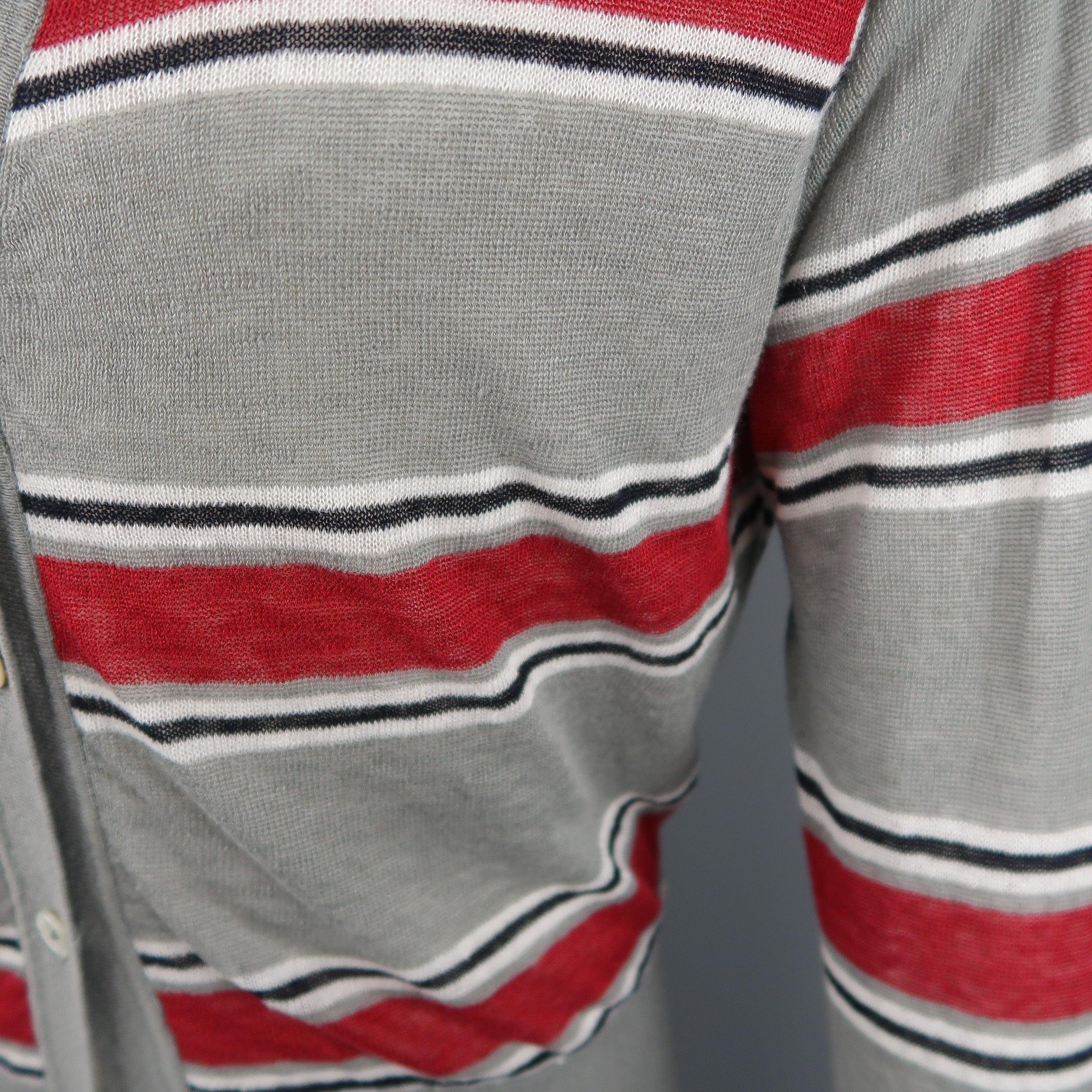 BLACK FLEECE Size S Gray & Stripe Cotton  White Mesh Reversible Cardigan In Excellent Condition For Sale In San Francisco, CA