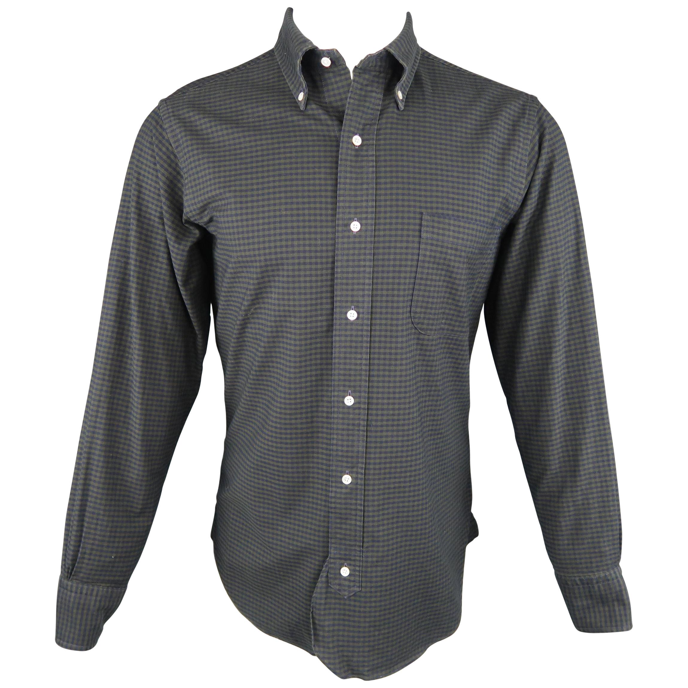 BLACK FLEECE Size S Green & Navy Gingham Cotton Long Sleeve Shirt