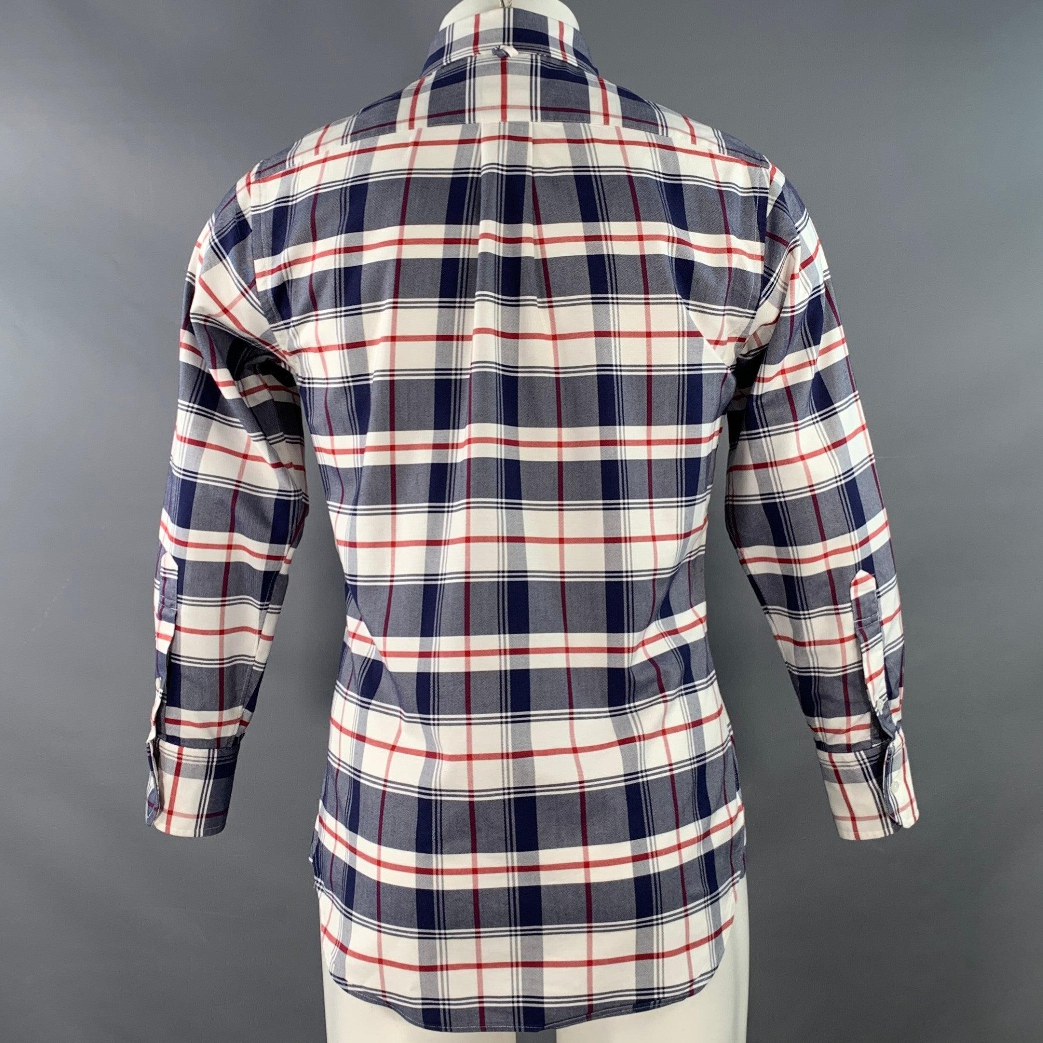 Noir Black Fleece Size S White Navy Red Plaid Cotton One Pocket Long Sleeve Shirt en vente