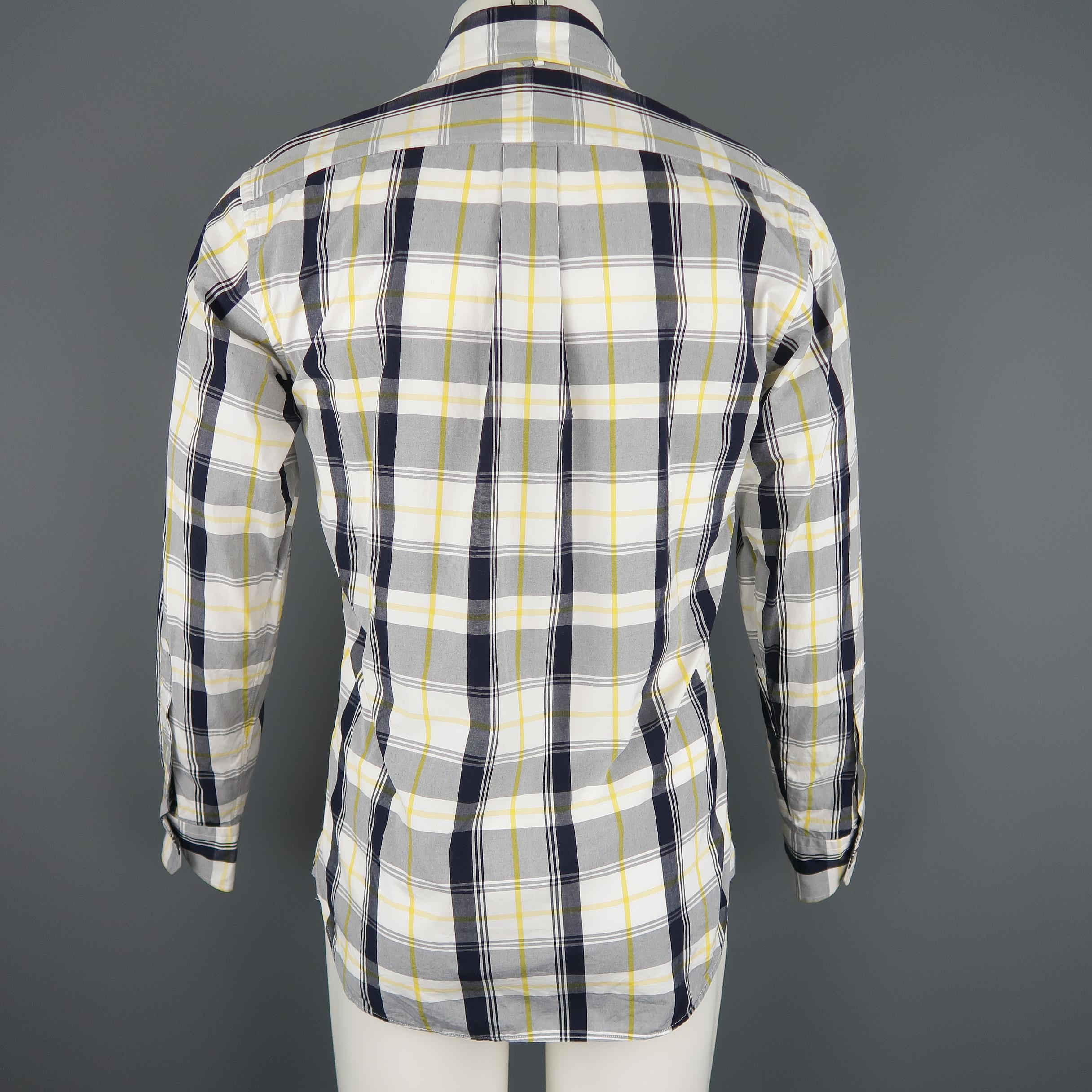 Gray BLACK FLEECE Size S Yellow Navy & White Plaid Cotton Long Sleeve Shirt