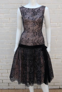Black Flocked Velvet Nude Illusion Party Dress, 1950's