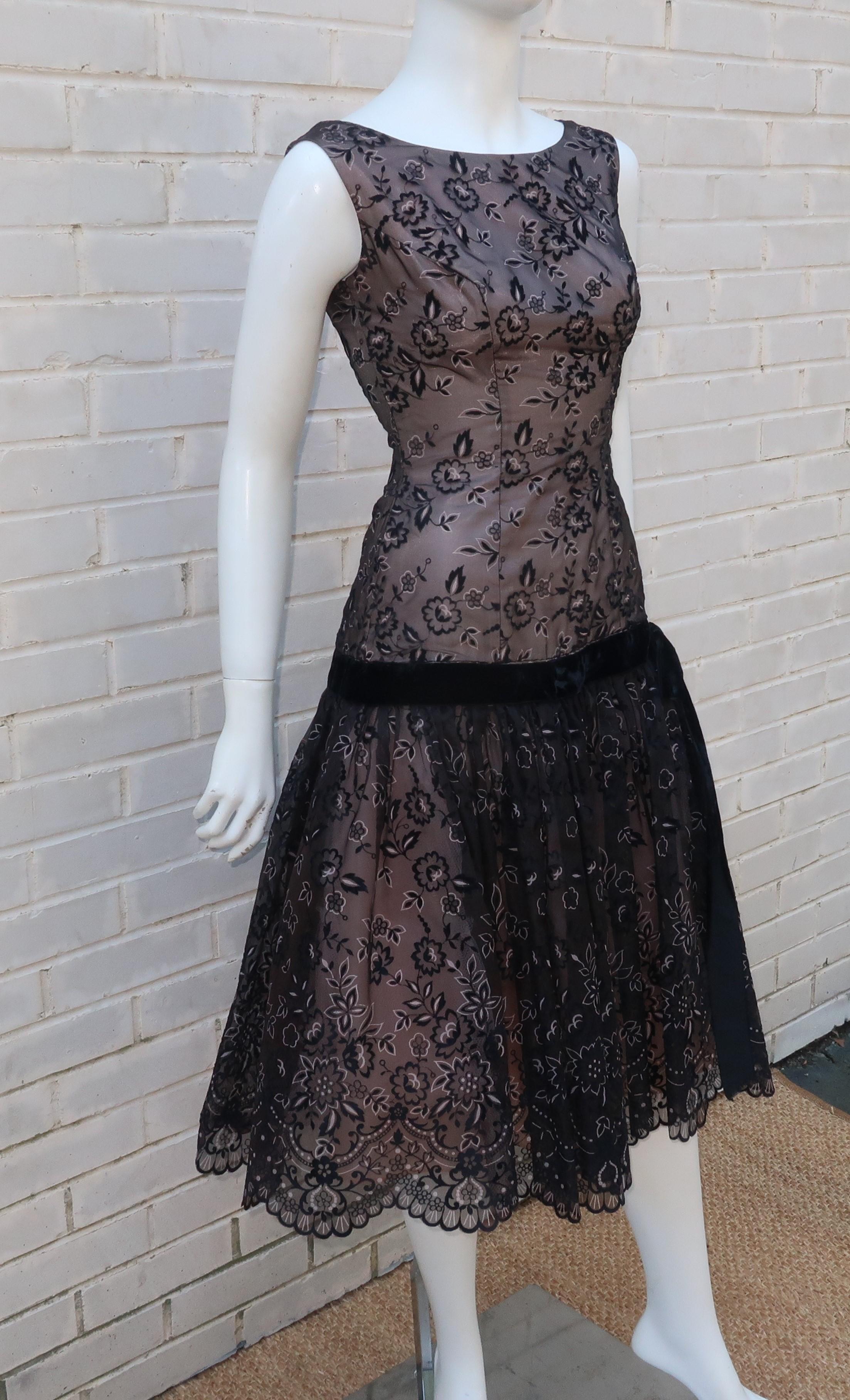 Black Flocked Velvet Nude Illusion Party Dress, 1950's In Good Condition In Atlanta, GA