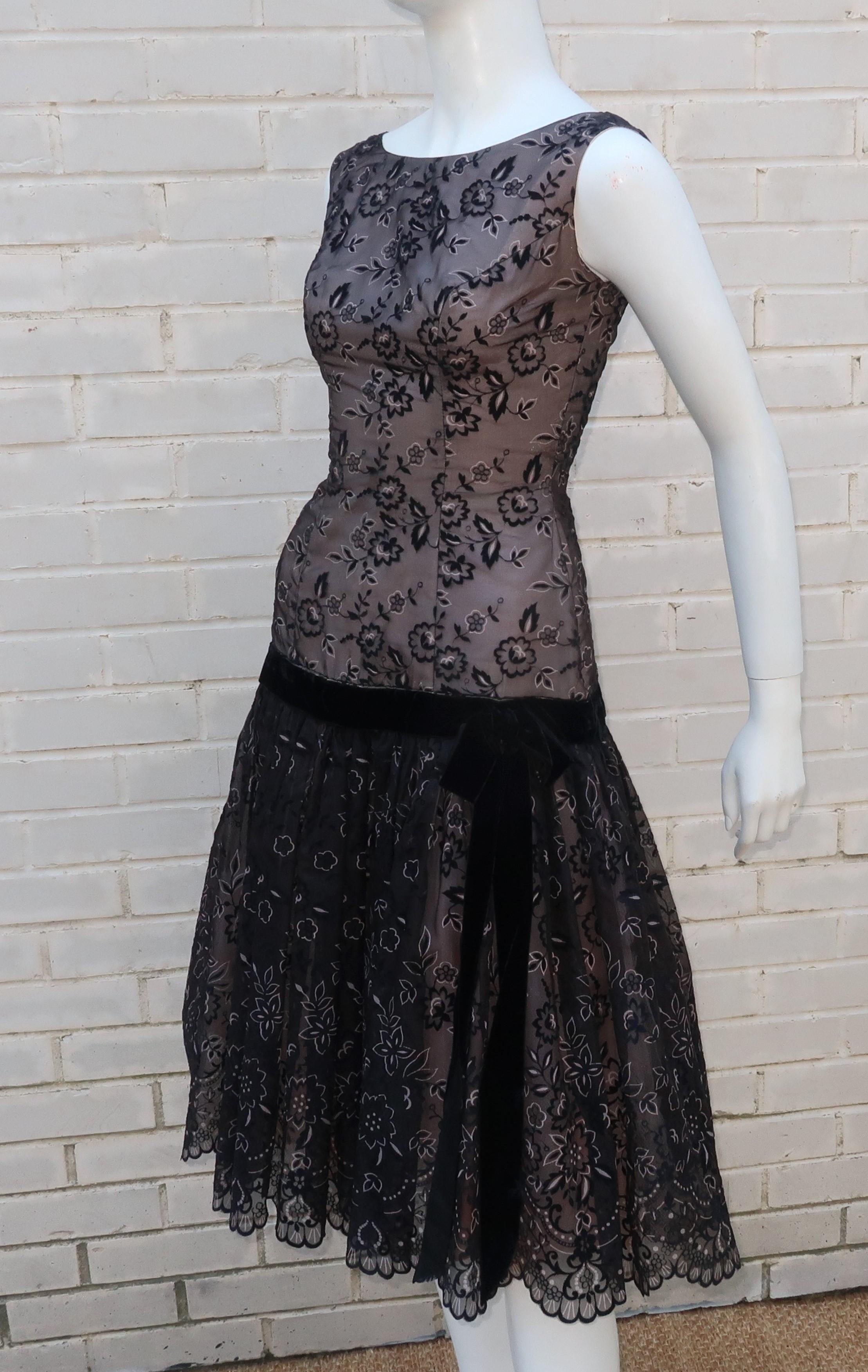 Black Flocked Velvet Nude Illusion Party Dress, 1950's 2