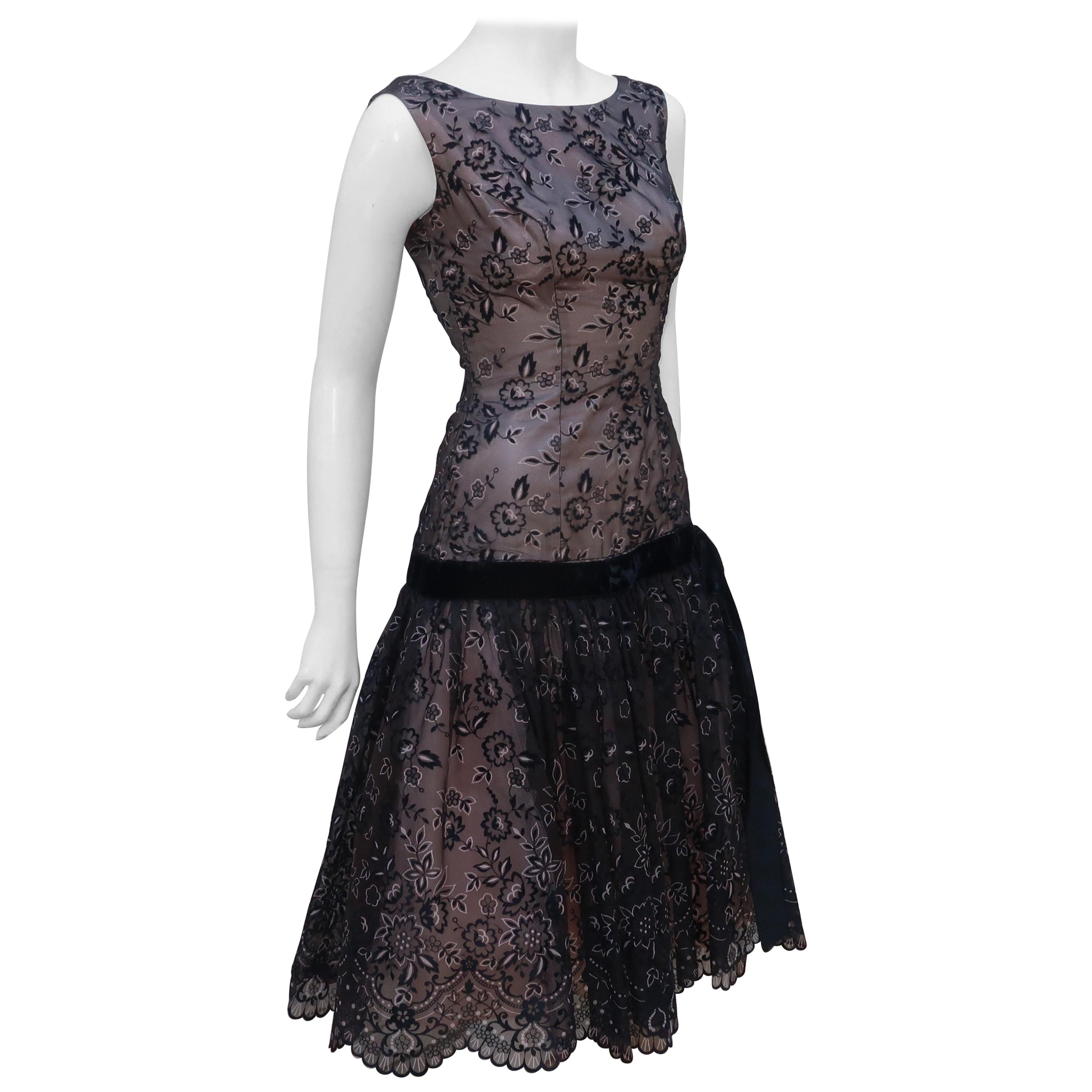 Black Flocked Velvet Nude Illusion Party Dress, 1950's
