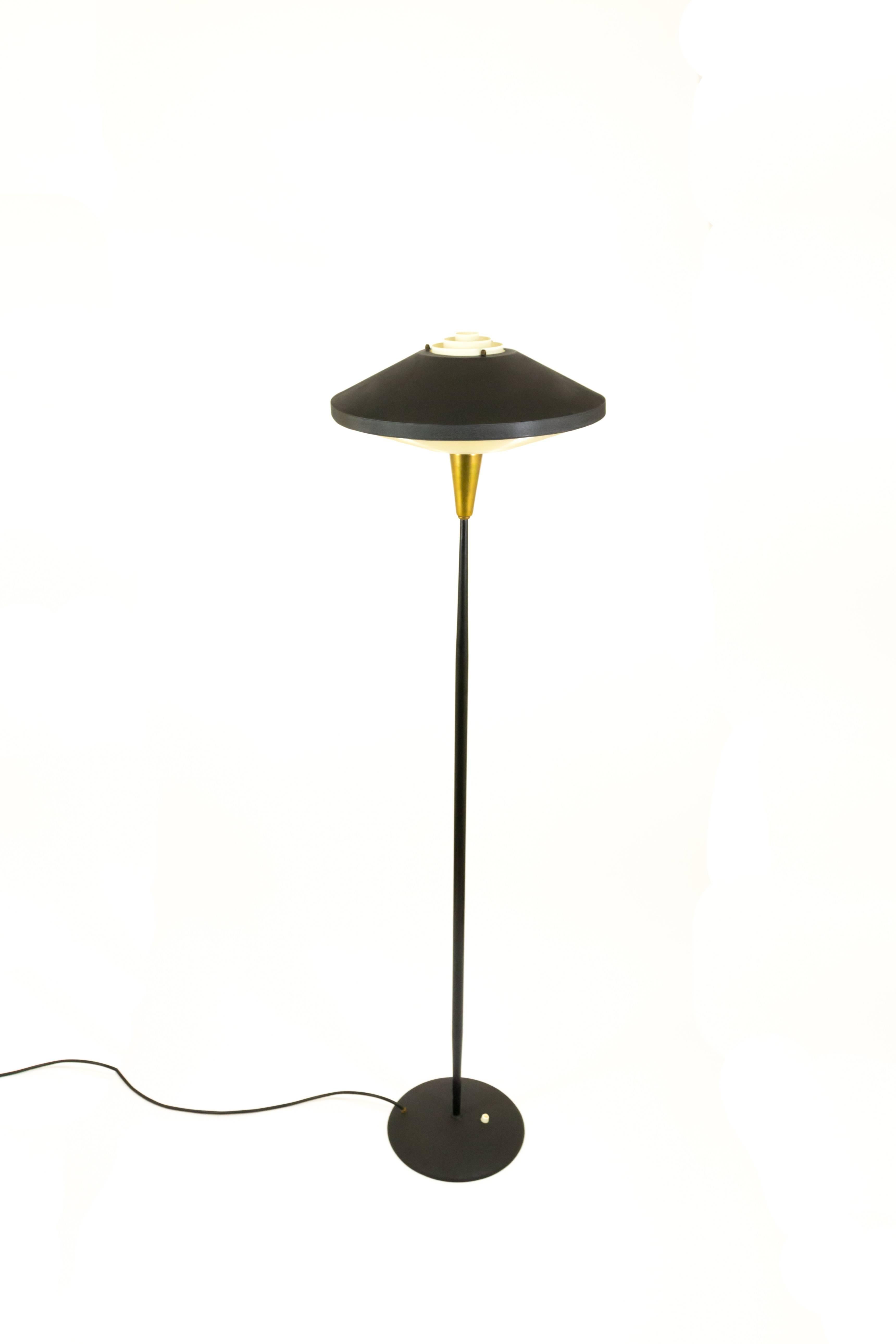 Mid-Century Modern Black Floor Lamp by Louis Kalff for Philips in Metal and Brass, 1950s