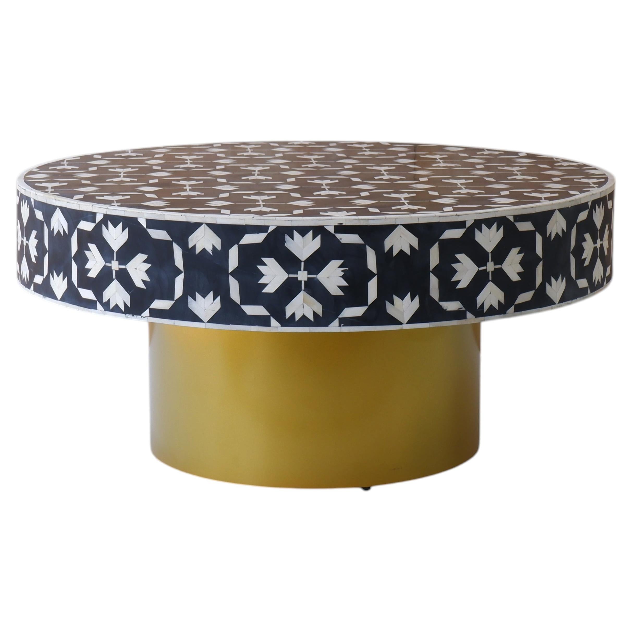 Black Floral Bone Inlay Round Coffee Table with Brass Legs by House of Jaipur