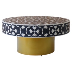 Black Floral Bone Inlay Round Coffee Table with Brass Legs by House of Jaipur
