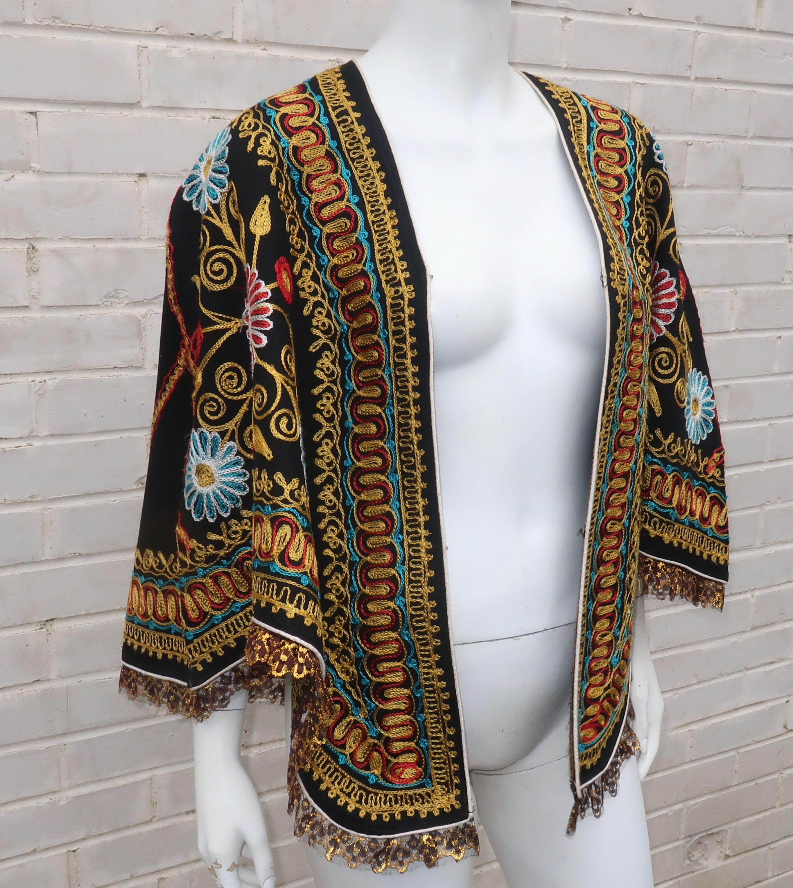 Black Floral Embroidered Bohemian Cape, 1970's For Sale 6