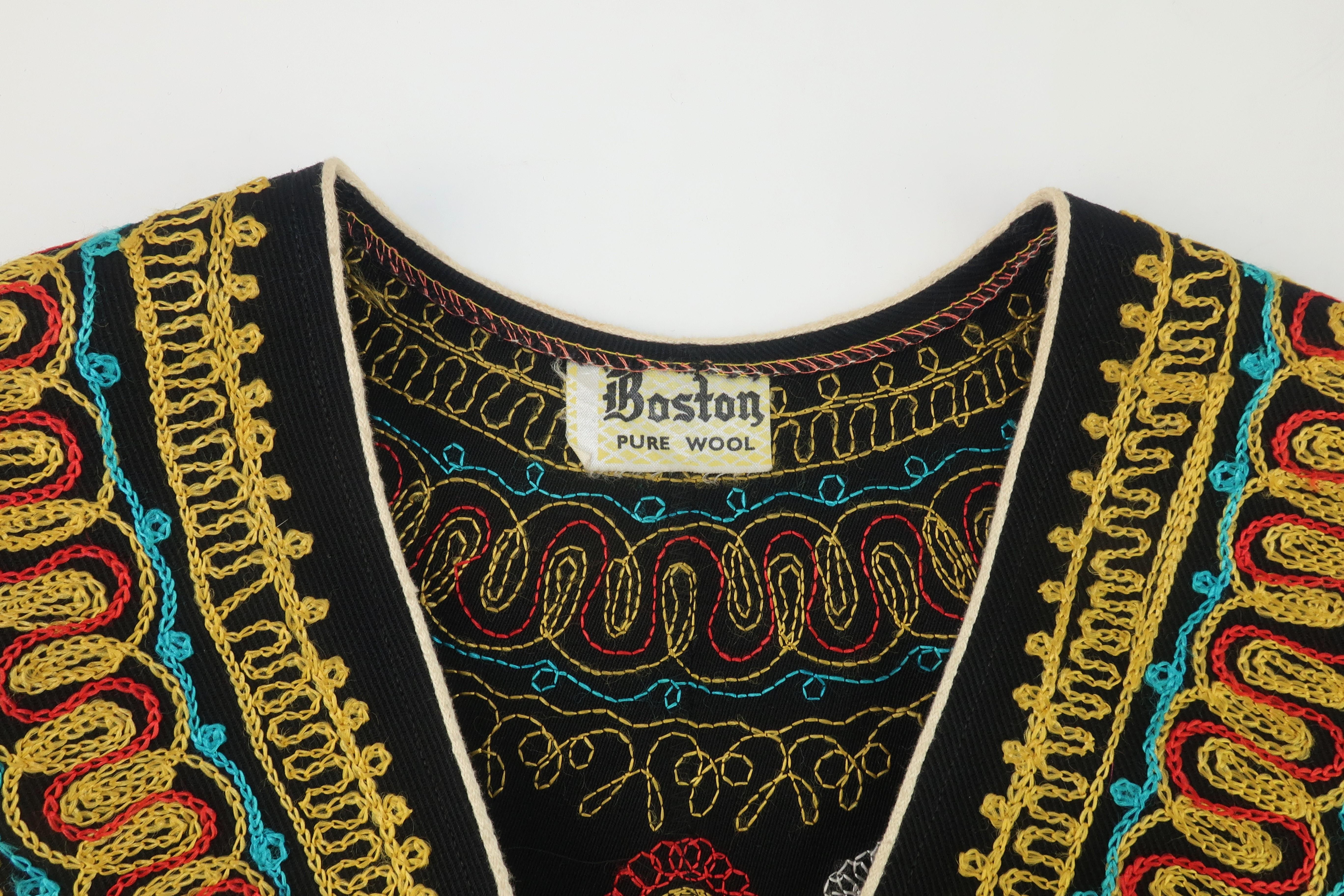 Black Floral Embroidered Bohemian Cape, 1970's For Sale 7