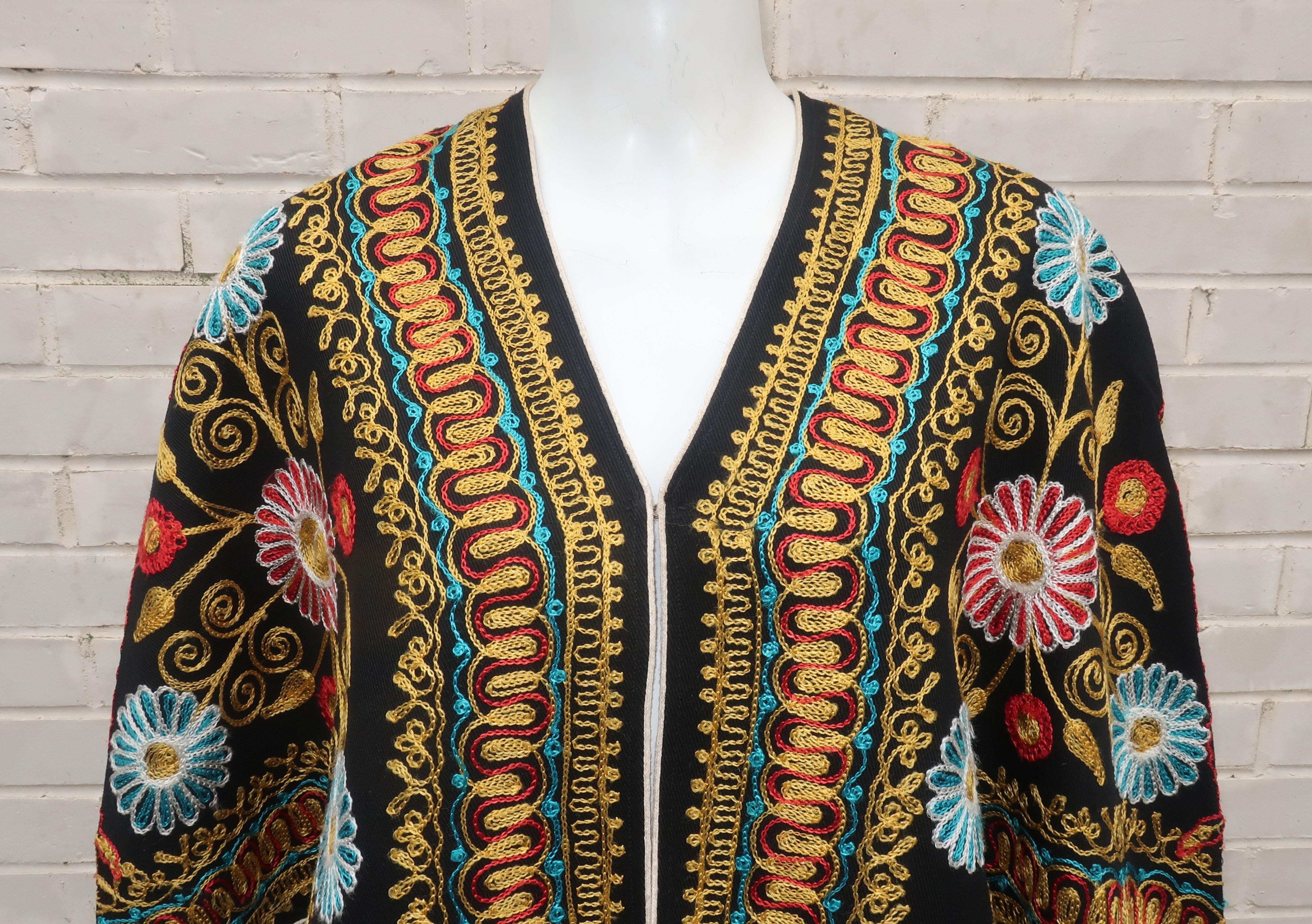 Black Floral Embroidered Bohemian Cape, 1970's In Good Condition For Sale In Atlanta, GA