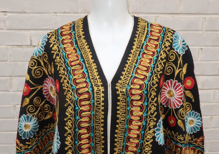 Black Floral Embroidered Bohemian Cape, 1970's For Sale at 1stDibs