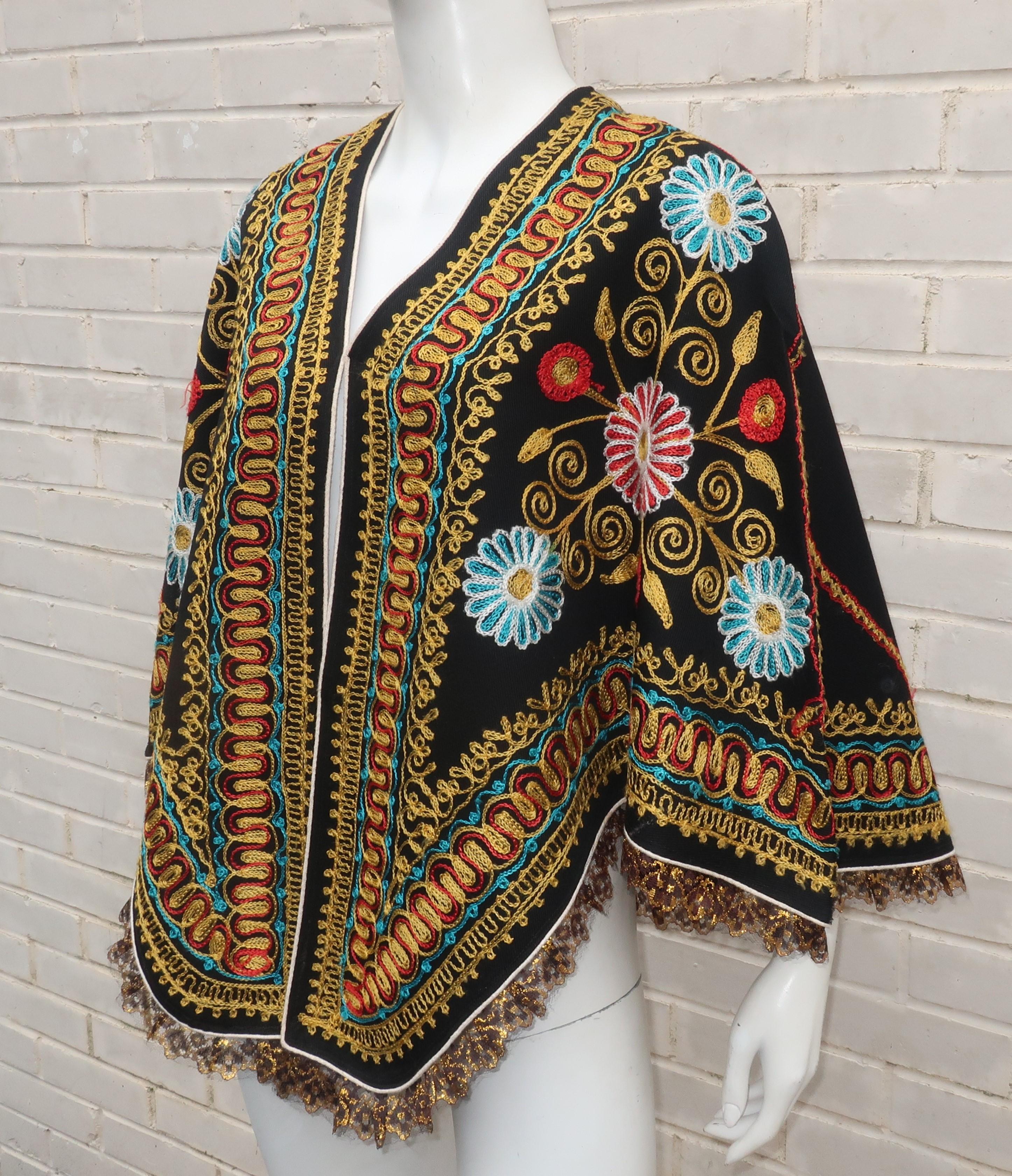 Black Floral Embroidered Bohemian Cape, 1970's For Sale 1