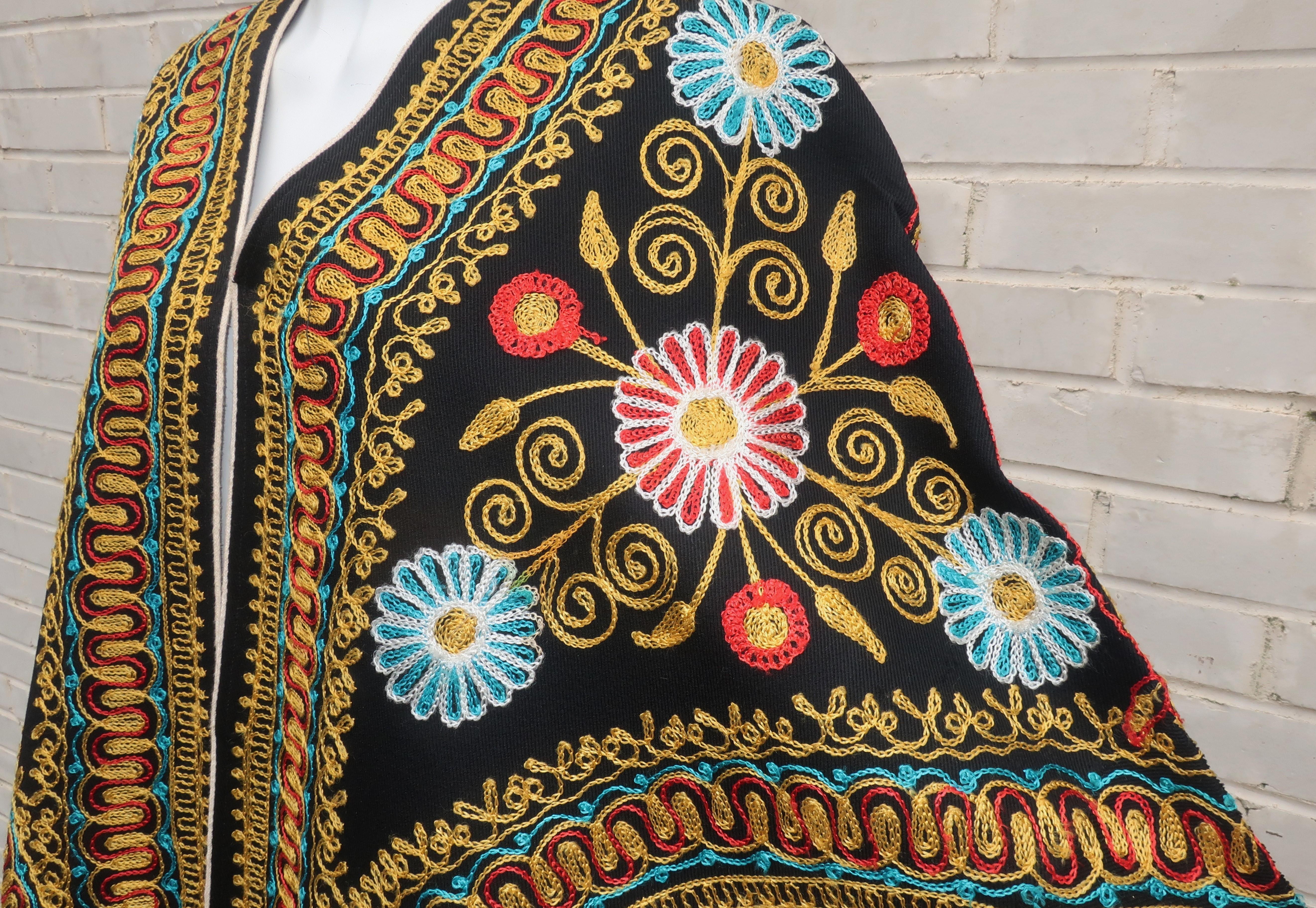 Black Floral Embroidered Bohemian Cape, 1970's For Sale 2