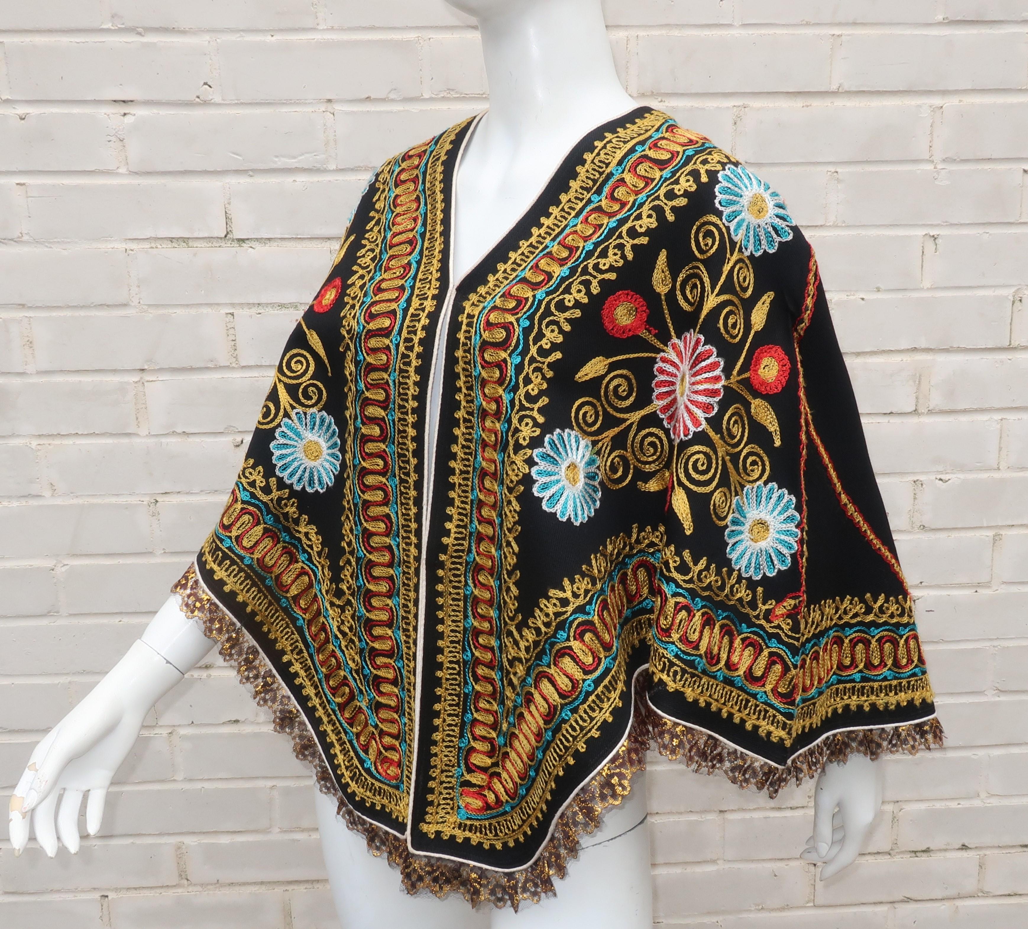 Black Floral Embroidered Bohemian Cape, 1970's For Sale 3