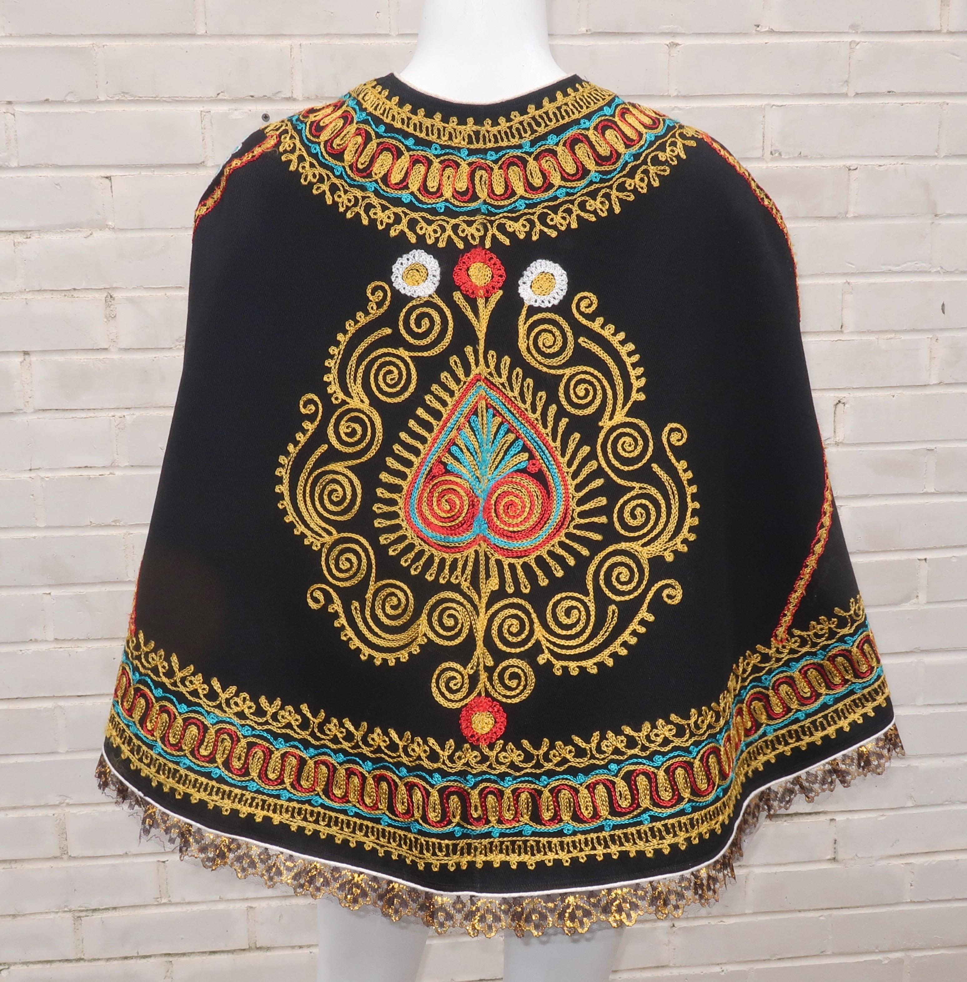 Black Floral Embroidered Bohemian Cape, 1970's For Sale 4