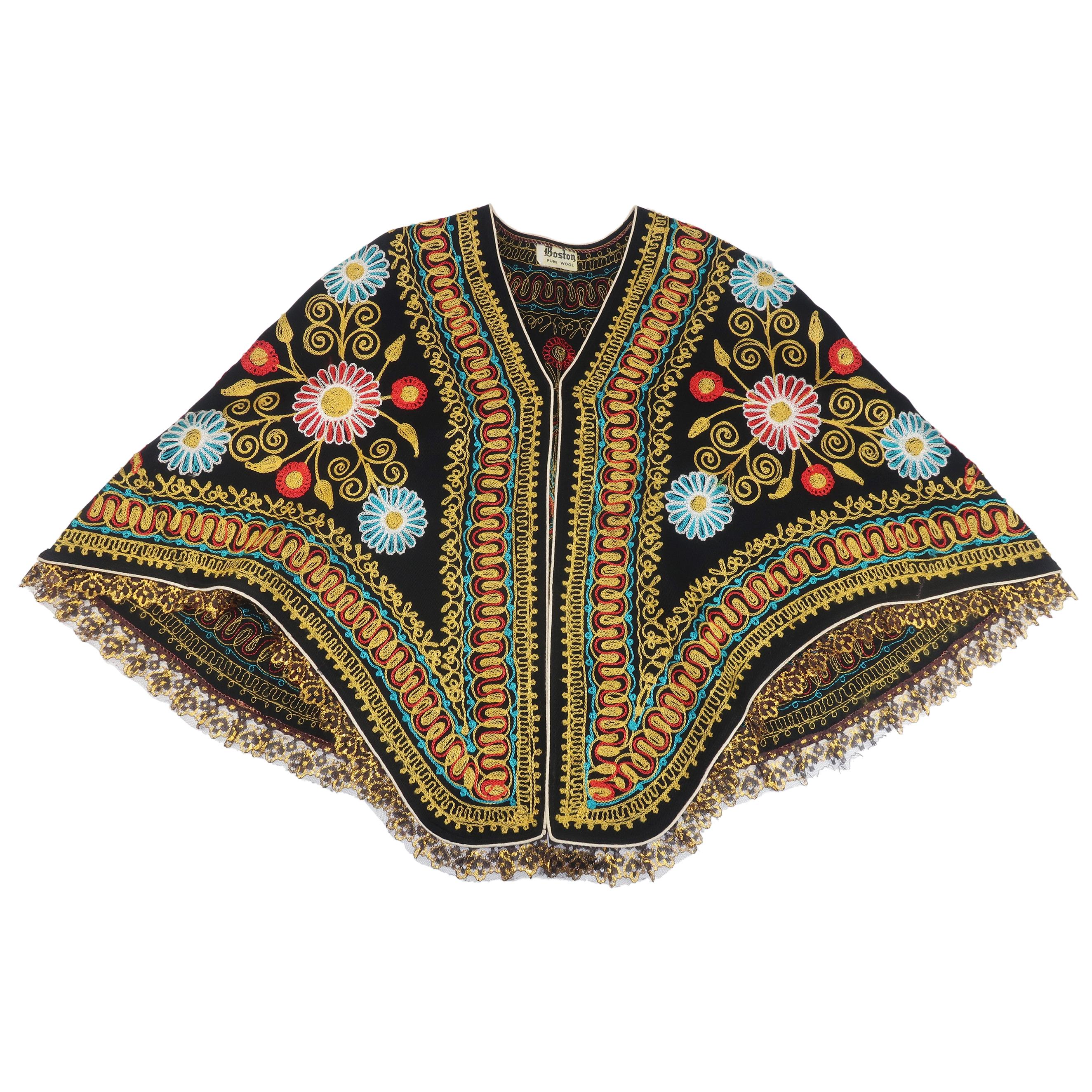 Black Floral Embroidered Bohemian Cape, 1970's