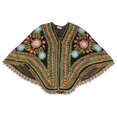 Retro Black Floral Embroidered Bohemian Cape, 1970's