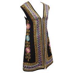 Black Floral Embroidered Bohemian Tunic Vest, 1970's